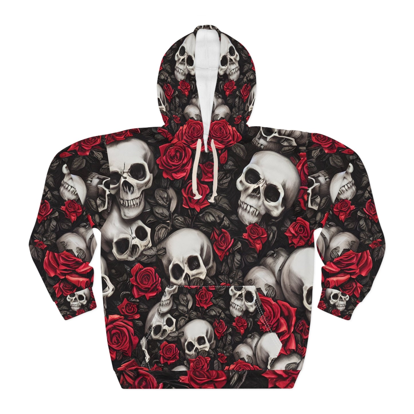 Hyper Realistic Skulls and Red Roses by artist Anne Laure Goupil Unisex Pullover Hoodie AOP Hoodie – Aesthetic Look · Great Gift For Fans