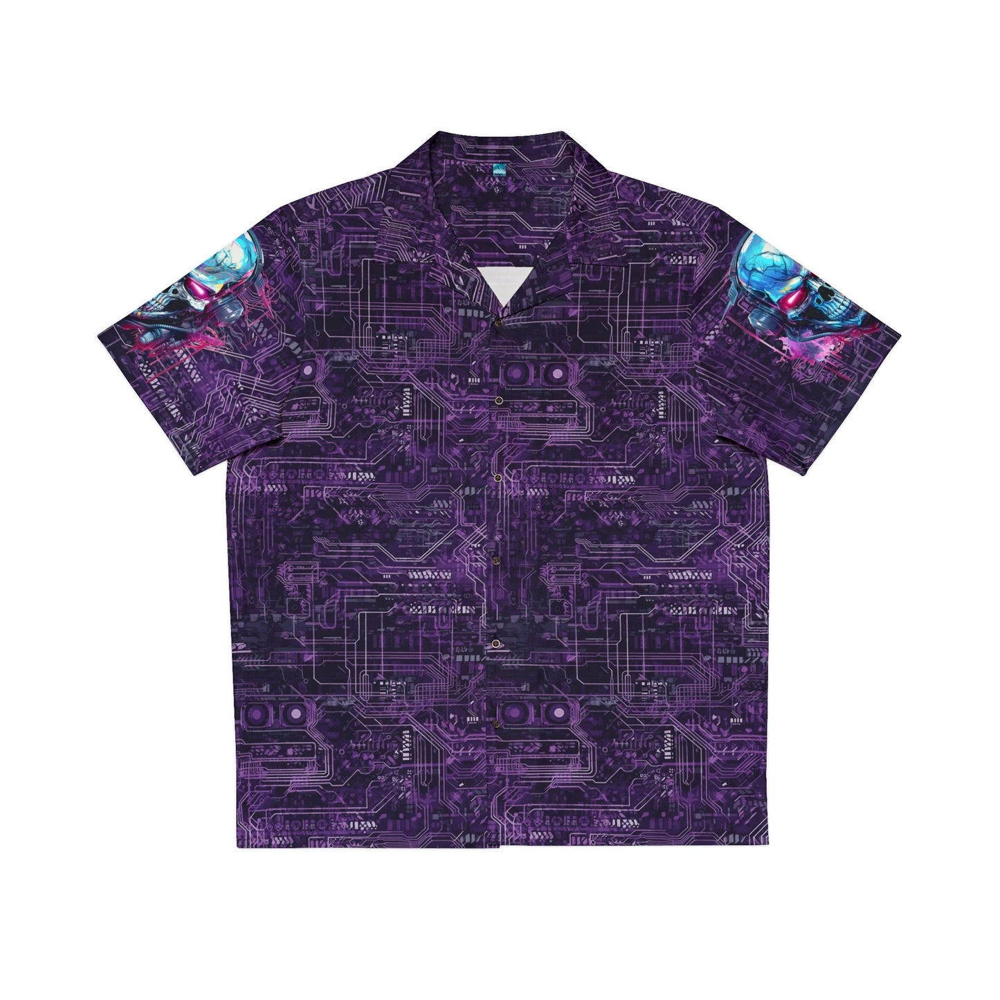 Men39s Hawaiian shirt Cyberpunk fashion AOP shirt with skull Neon circuit board style Futuristic luau attire Cybernetic skull apparel Graphic Tee – Everyday Comfort · Must-Have Style