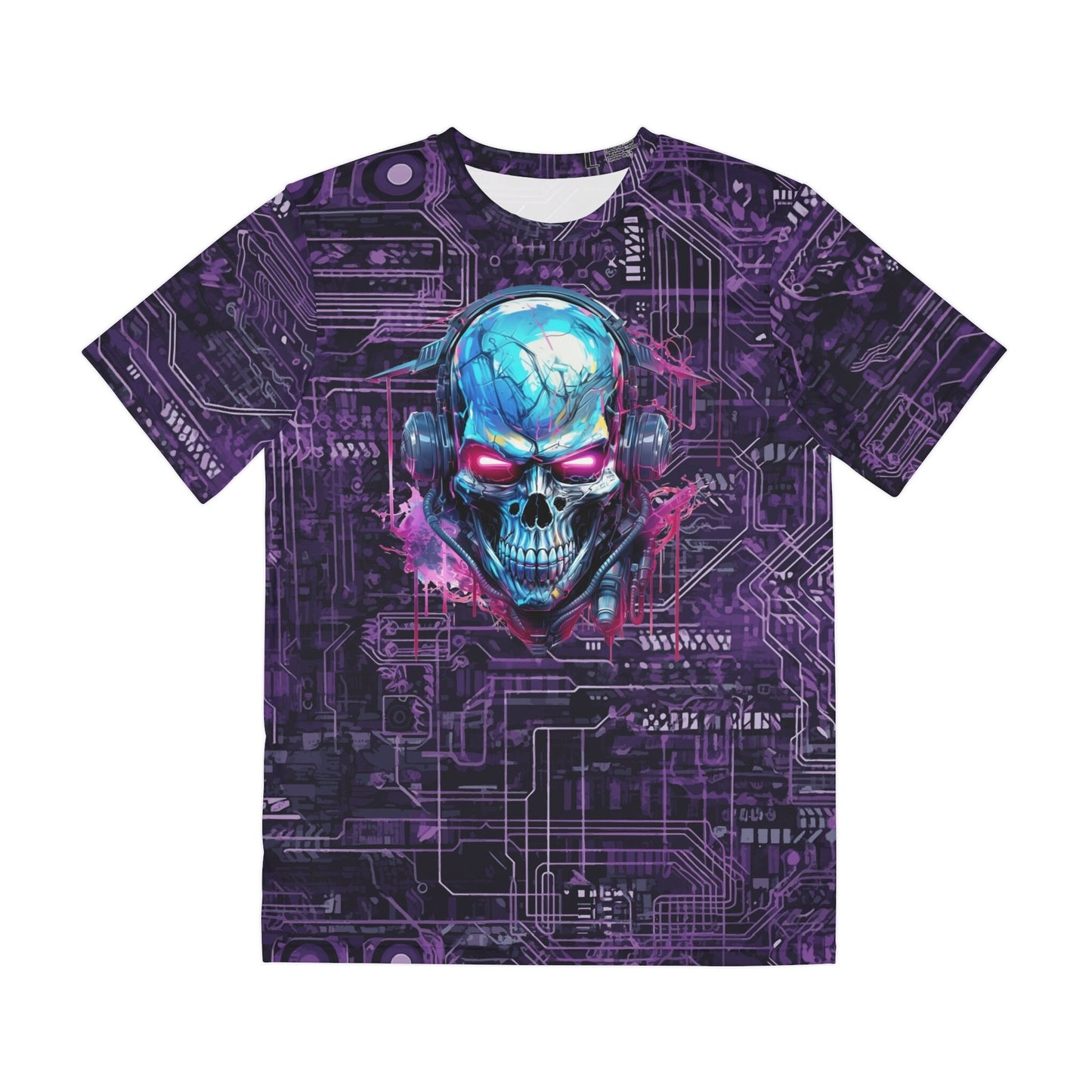 CyberPunk Cybernetic Skull breaking through a Purple Neon Circuit Board Men39s Polyester Tee AOP Graphic Tee – Fan Favorite · Trending Graphic Apparel