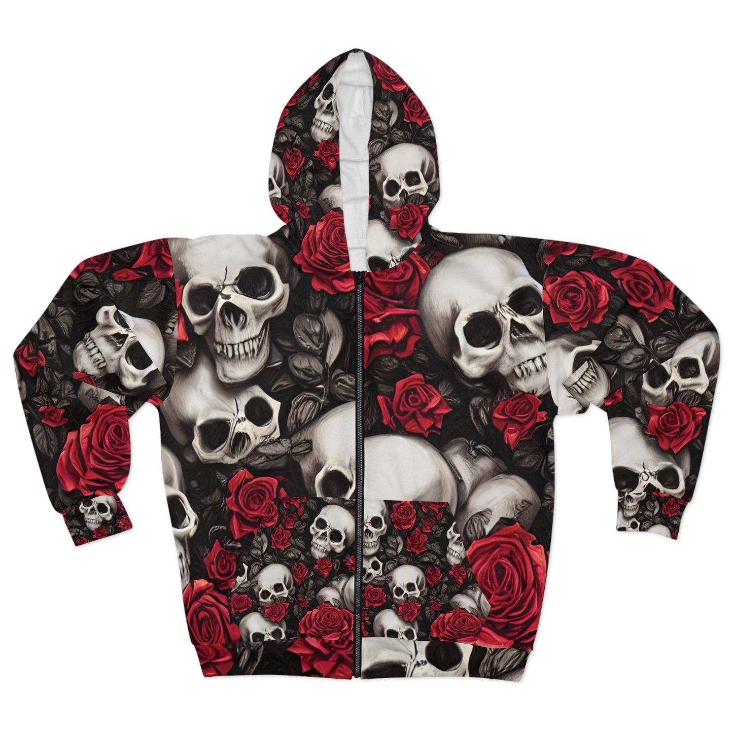 Skulls with Red Roses Hyper Realistic by French Artist Anne Laure Goupil Unisex Zip Hoodie AOP Hoodie – Everyday Comfort · Perfect For Daily Wear
