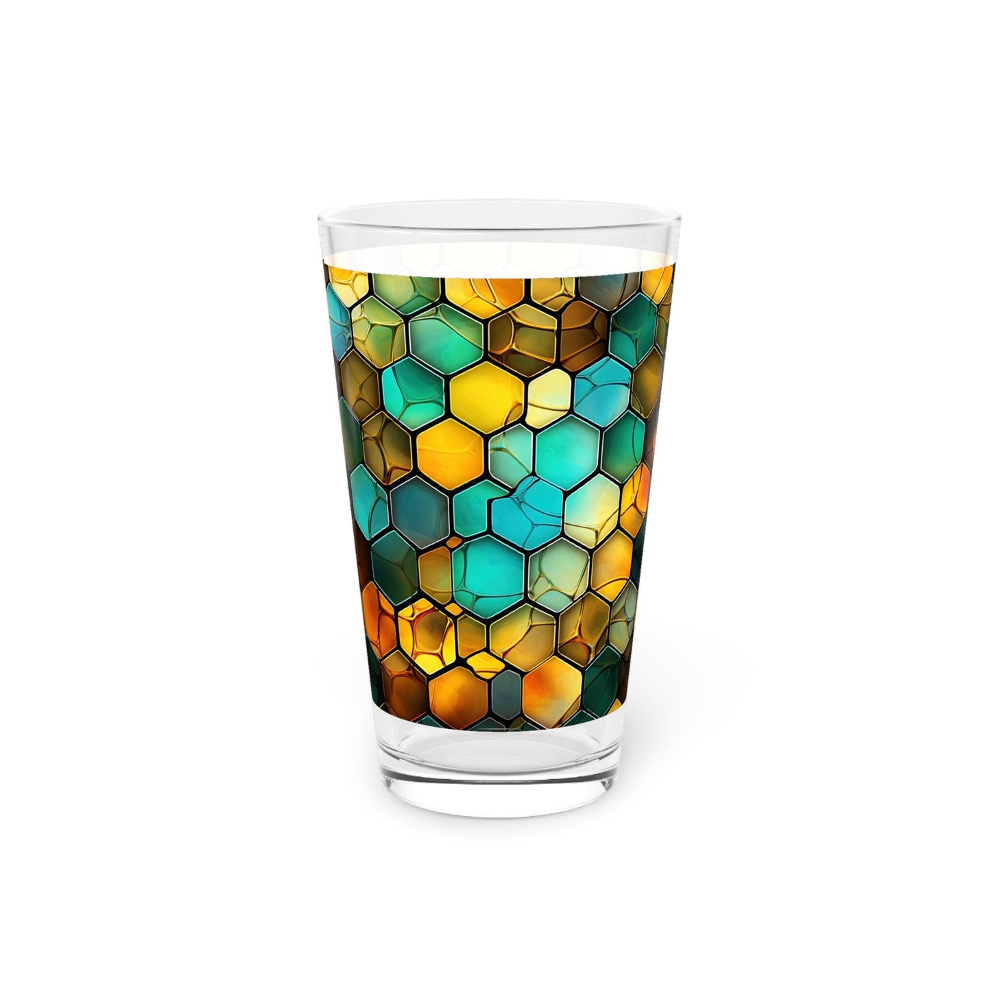 Buzzing Beauty A Blue and Yellow Honeycomb Stained Glass Artwork on a 16oz Pint Glass Gift idea gifts for home decor housewarming gift Graphic Tee – Easygoing Wear · High-Quality Print
