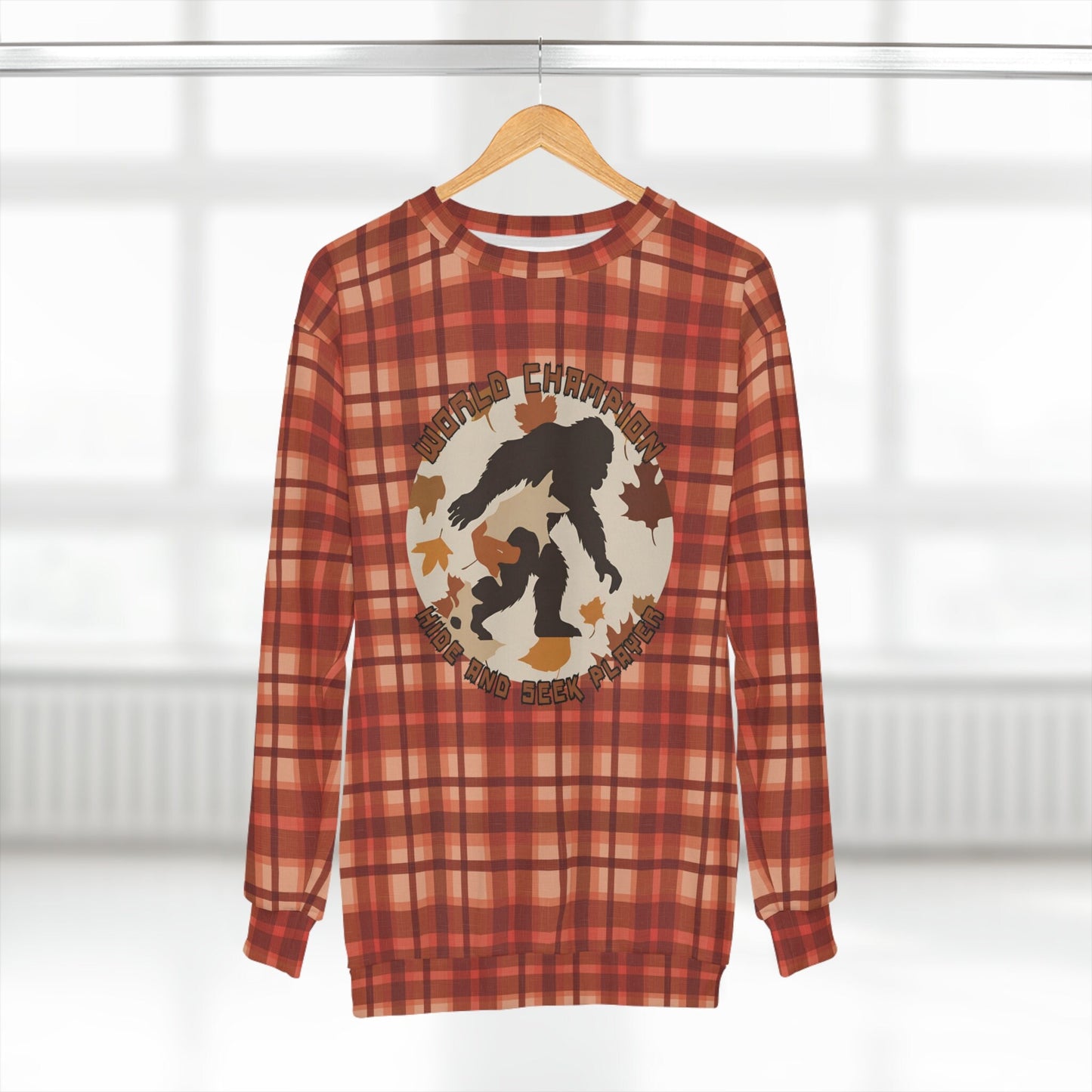 Bigfoot in Fall Leaves Unisex Fall Sweatshirt AOP World Champion Hide and Seek Player Sweatshirt – Warm & Stylish · Trending Graphic Apparel