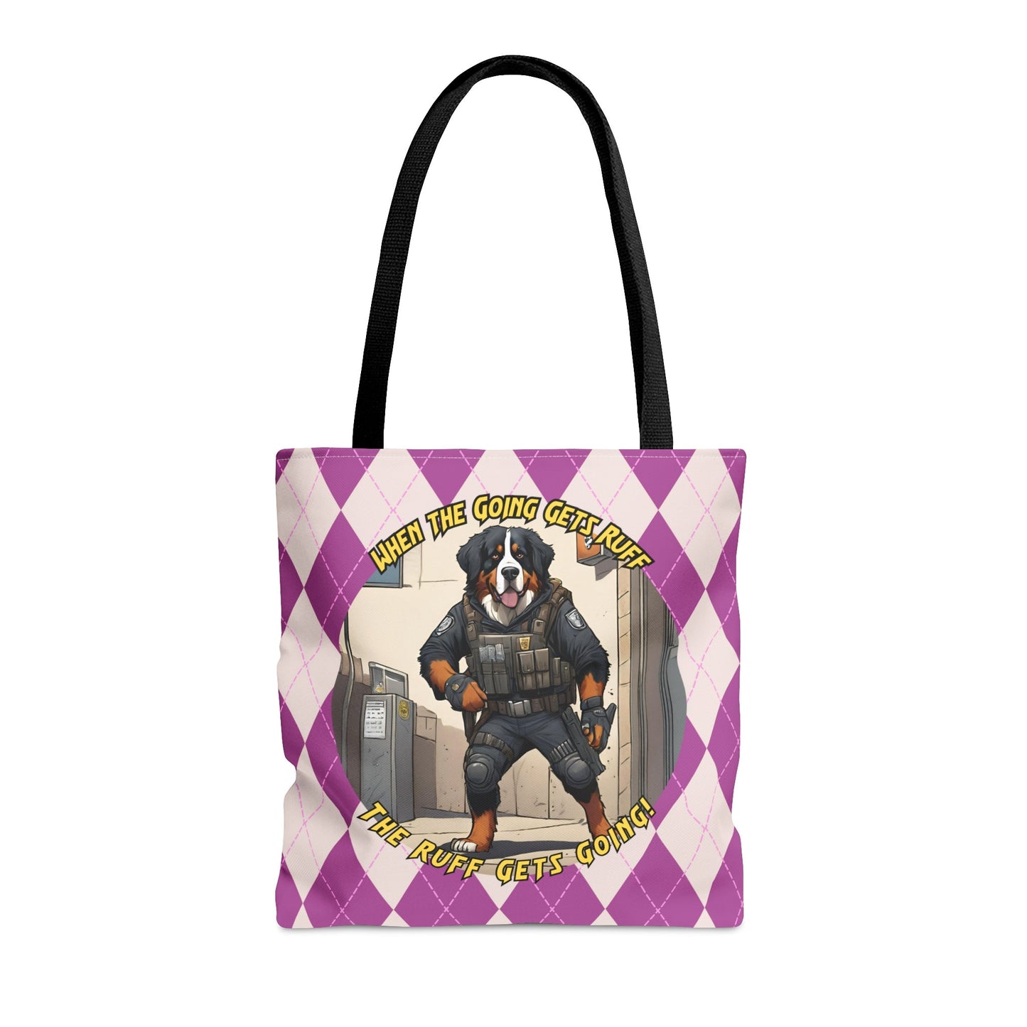 Bernese Mountain Dog Tote Bag AOP Purple Rhombus Pattern 39When the Going Gets Ruff the Ruff Get Going39 SWAT Gear Dog Art Tote Bag – Easygoing Wear · Top Pick For Any Outfit