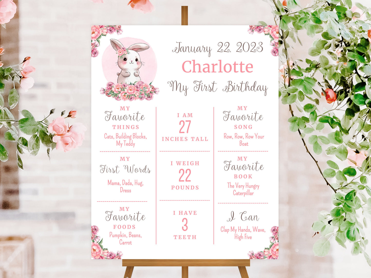 EDITABLE Milestone Poster First Birthday Bunny Birthday Decorations Milestone Birthday Sign Printable Sign Girl 1st Birthday Decor BUNNY1 Graphic Tee – Feel-Good Design · High-Quality Print