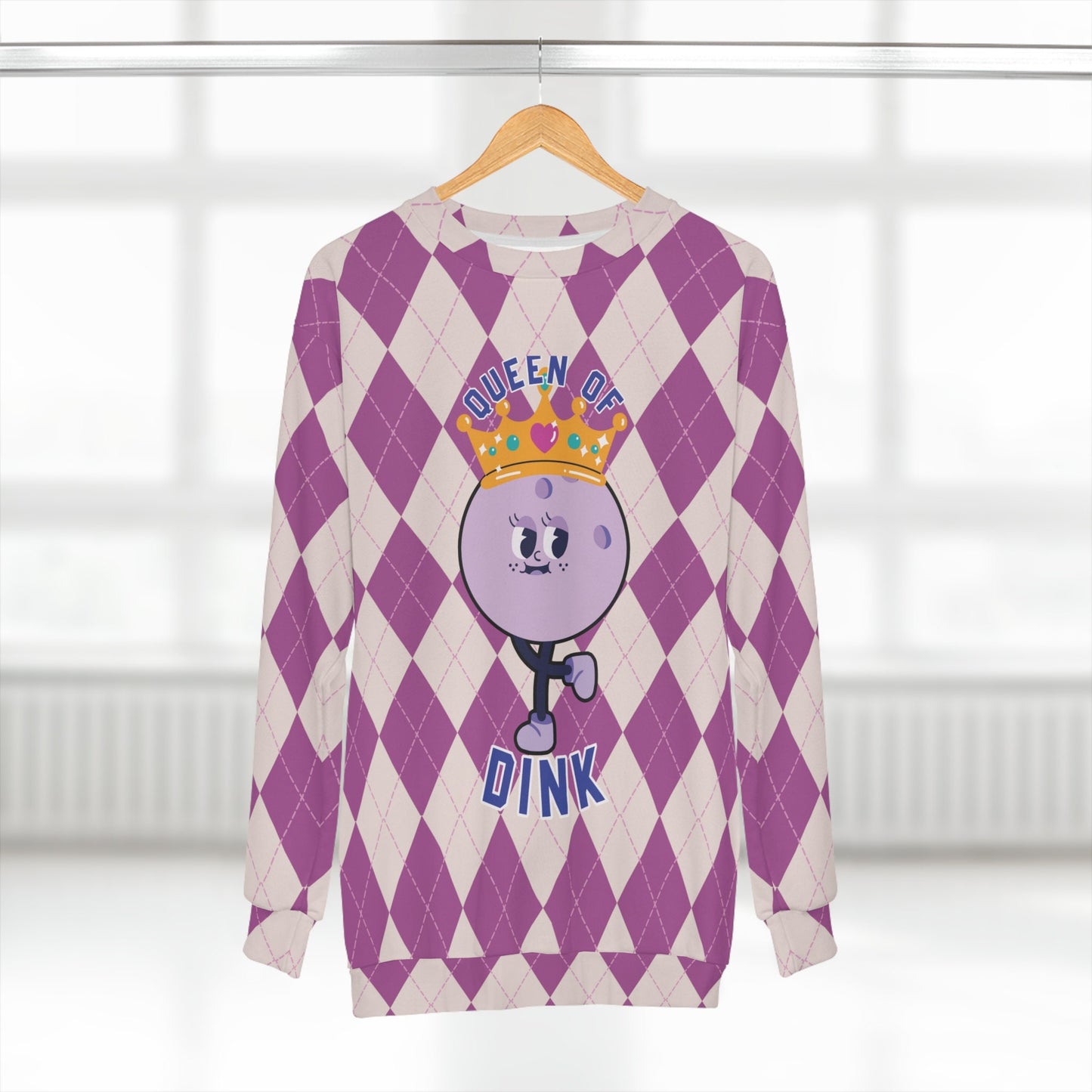 Vintage Purple Rhombus Pickleball Queen AOP Sweatshirt Reign as the Queen of Dink in Style Sweatshirt – Bold Style · High-Quality Print