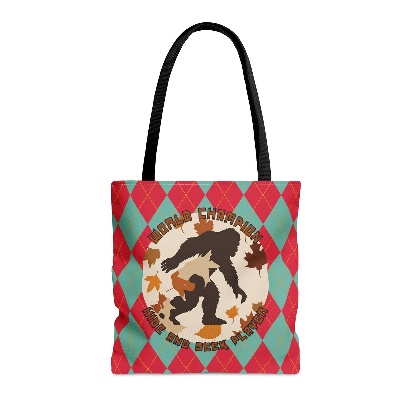 Bigfoot in Fall Leaves Plaid Tote Bag AOP World Champion Hide and Seek Player Tote Bag – Aesthetic Look · Perfect For Daily Wear