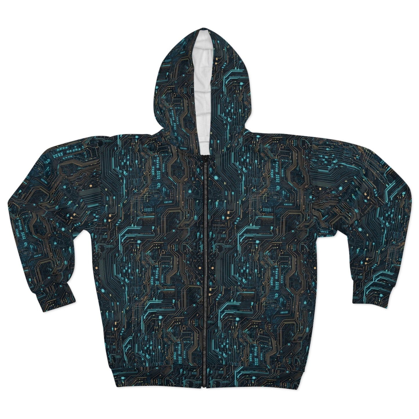 Cyberpunk Edge Neon Circuit Board Unisex Zip Hoodie AOP Futuristic Tech Inspired Fashion Hoodie – Feel-Good Design · Great Gift For Fans