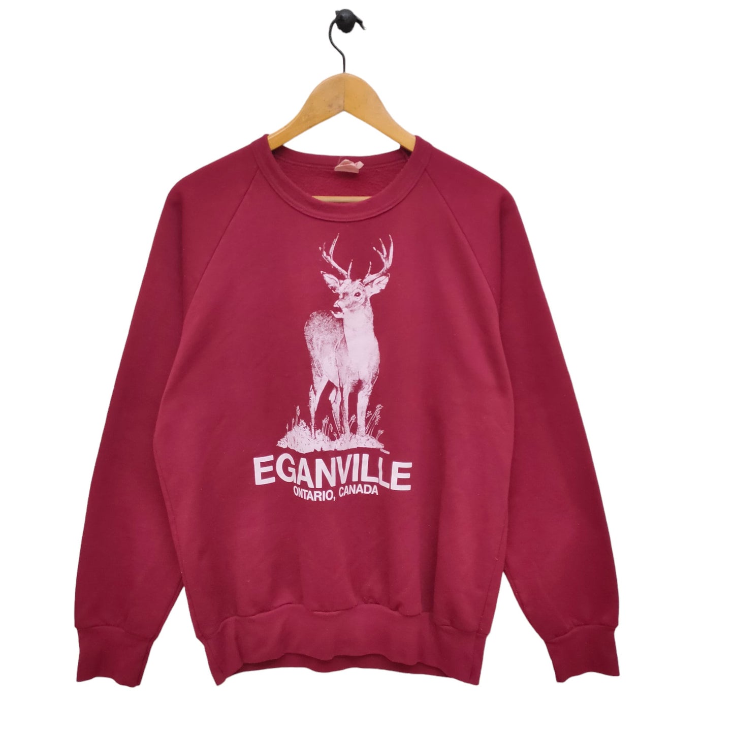 90s Eganville Ontario Canada Raglan Sweatshirt Vintage Daguin Deer Sweater Jumper Crewneck Animal Graphic Maroon Sweatshirt – Warm & Stylish · Great Gift For Fans