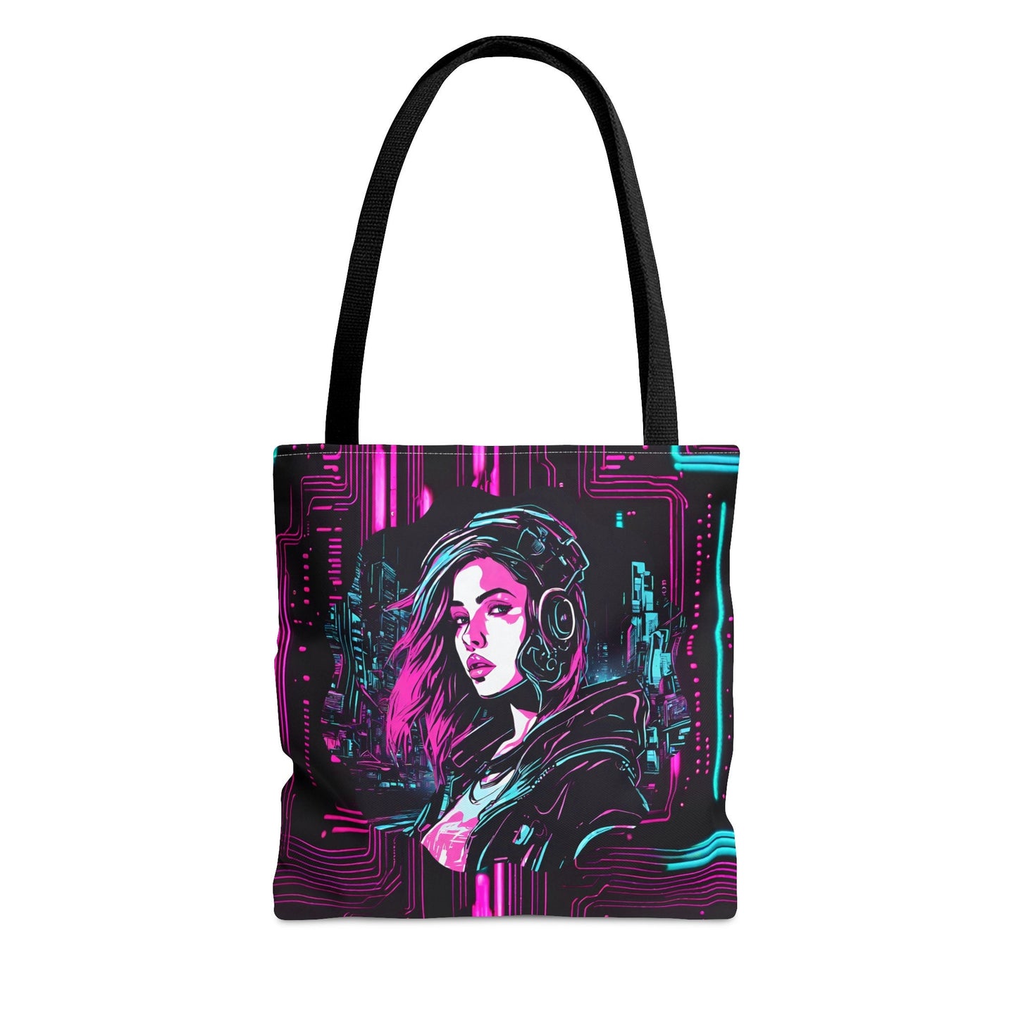 Cyberpunk Neon Lights Tote Bag AOP Design with Striking Cyberpunk Girl Tote Bag – Feel-Good Design · High-Quality Print