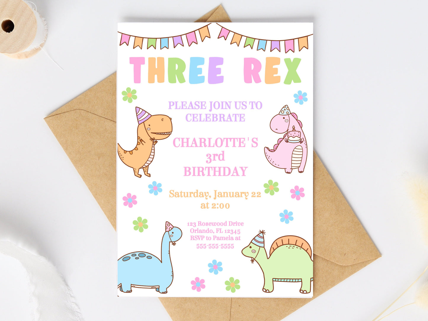 Pastel Dinosaur Birthday Invitation Three Rex Invitation Girl Dinosaur Party 3 Rex Birthday 3rd Birthday Dinosaur Birthday Girl Dino DIN1 Graphic Tee – Easygoing Wear · Perfect For Daily Wear