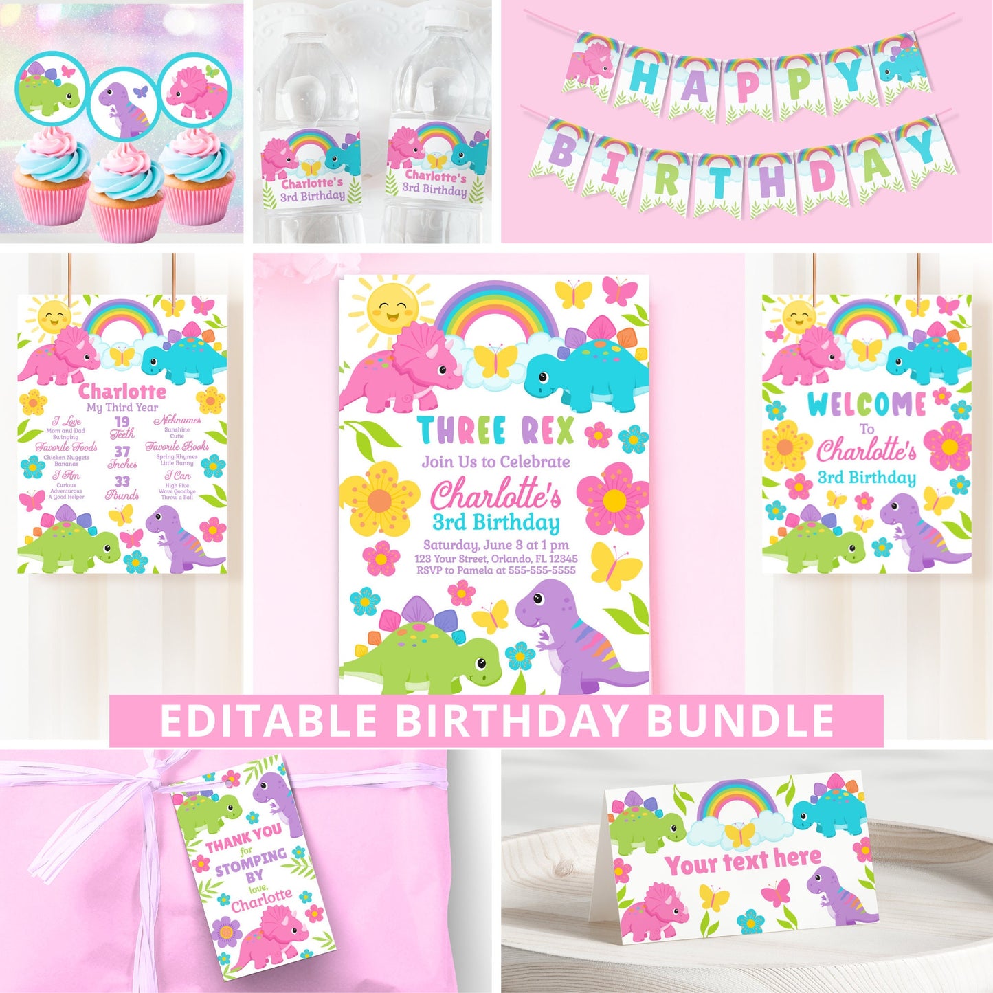 Three Rex Girl Birthday Party Bundle Dinosaur Birthday Dinosaur Party Girl 3Rd Birthday Three Rex Invitation Party Decor Dino Girl DIN3 Graphic Tee – Cozy Vibes · High-Quality Print