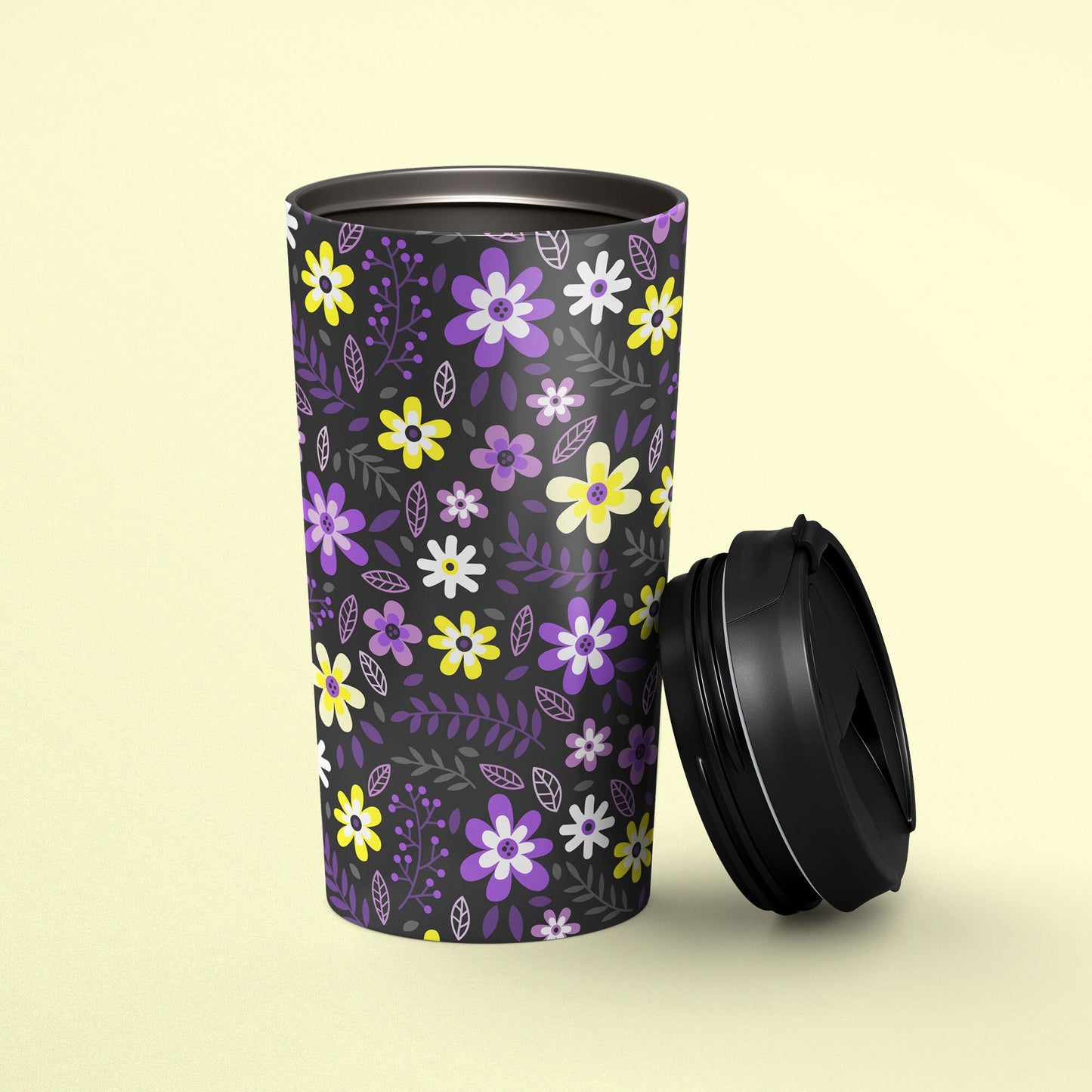 Subtle Nonbinary Pride Flowers Travel Mug Stainless Steel Enby Tumbler Nonbinary Pride Flag To Go Cup Insulated LGBTQ Thermos Graphic Tee – Everyday Comfort · High-Quality Print