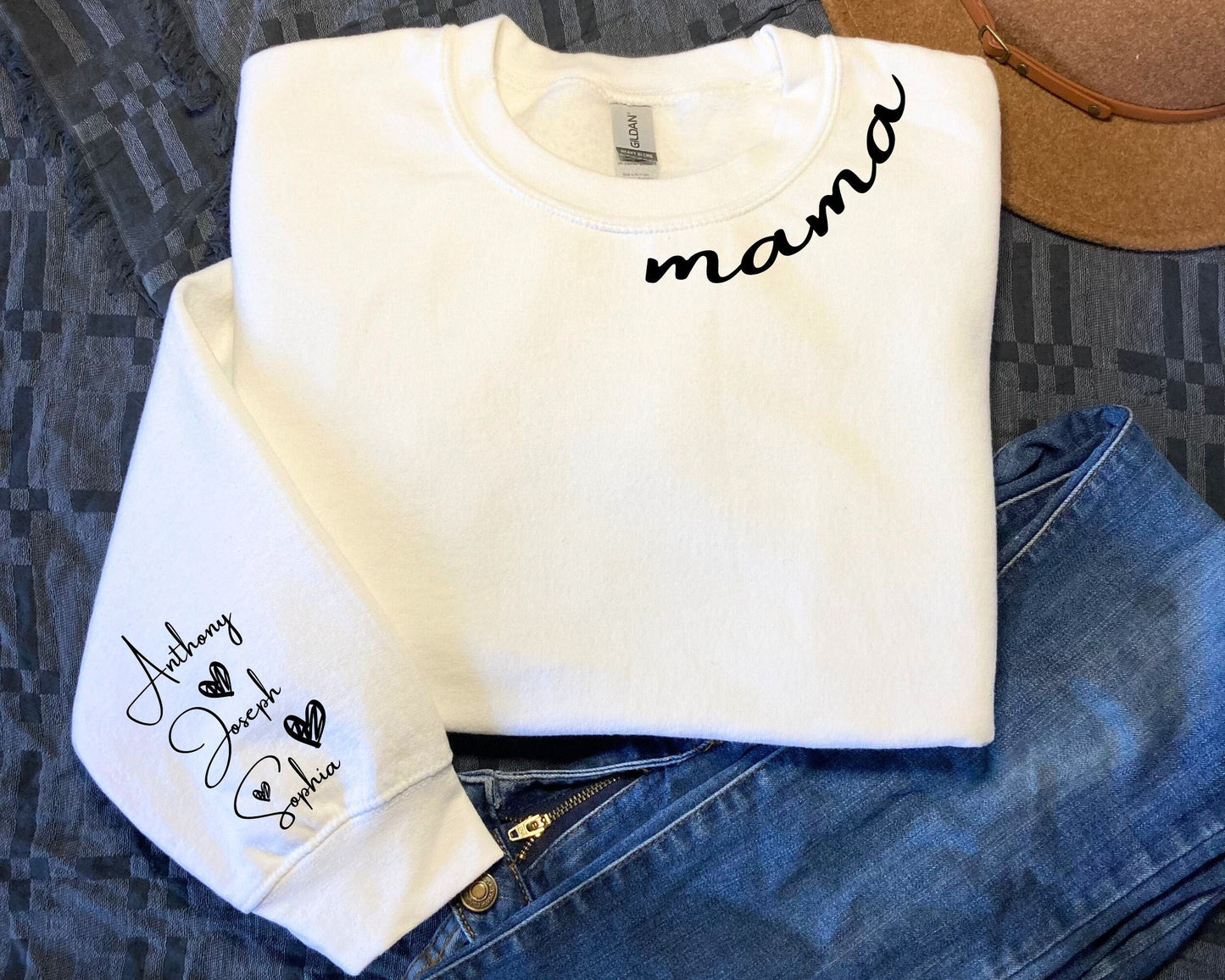 Custom Sweatshirt for Mama Birthday Gift for Mama I Wear My Heart On My Sleeve Mama Sweatshirt with Kids Name on Sleeve Mama Gift Sweatshirt – Warm & Stylish · Perfect For Daily Wear