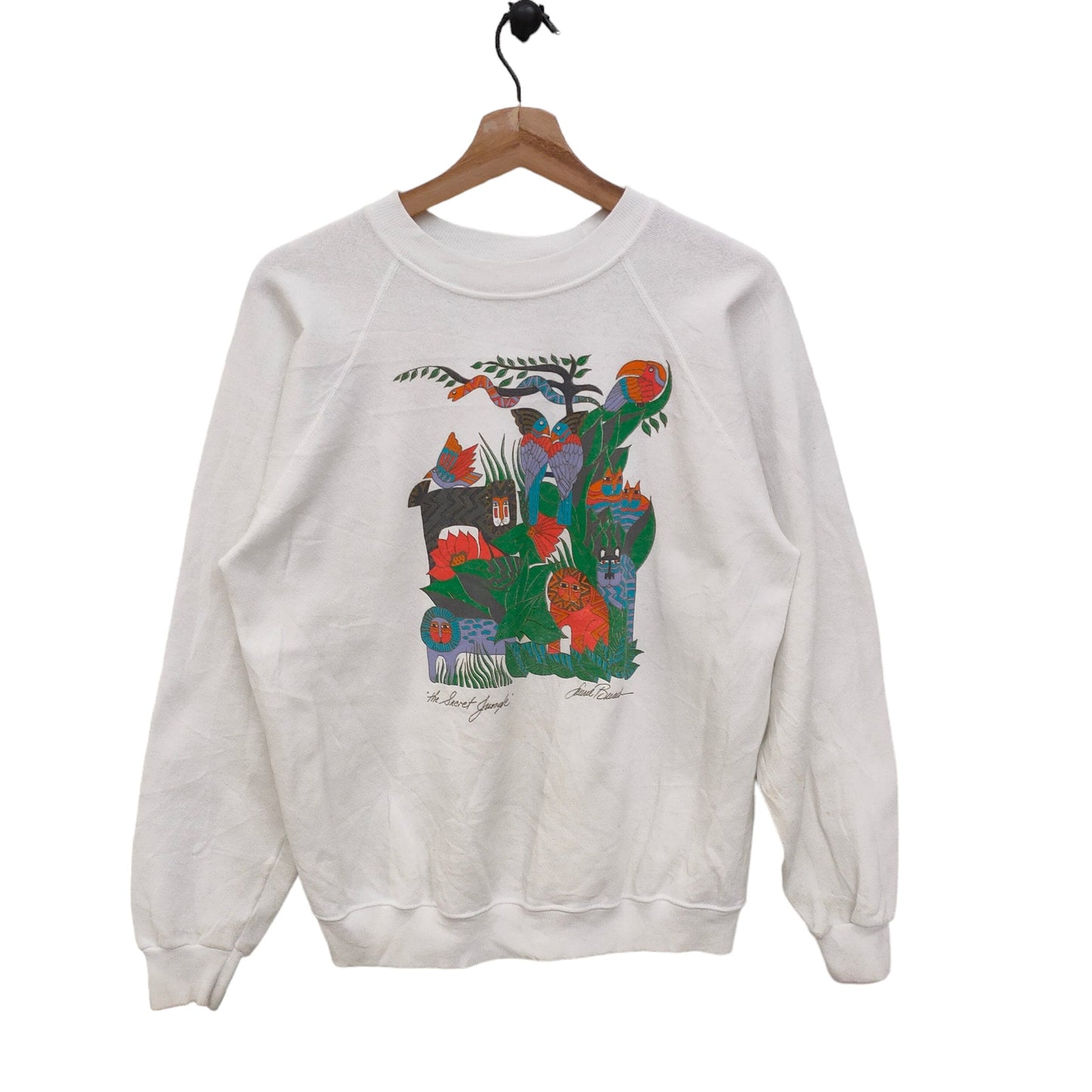 90s The Secret Jungle Raglan Sweatshirt Medium Vintage Laurel Burch Bird Snake Lion Animal Graphic Sweater Jumper Crewneck White Size M Sweatshirt – Cozy Vibes · High-Quality Print