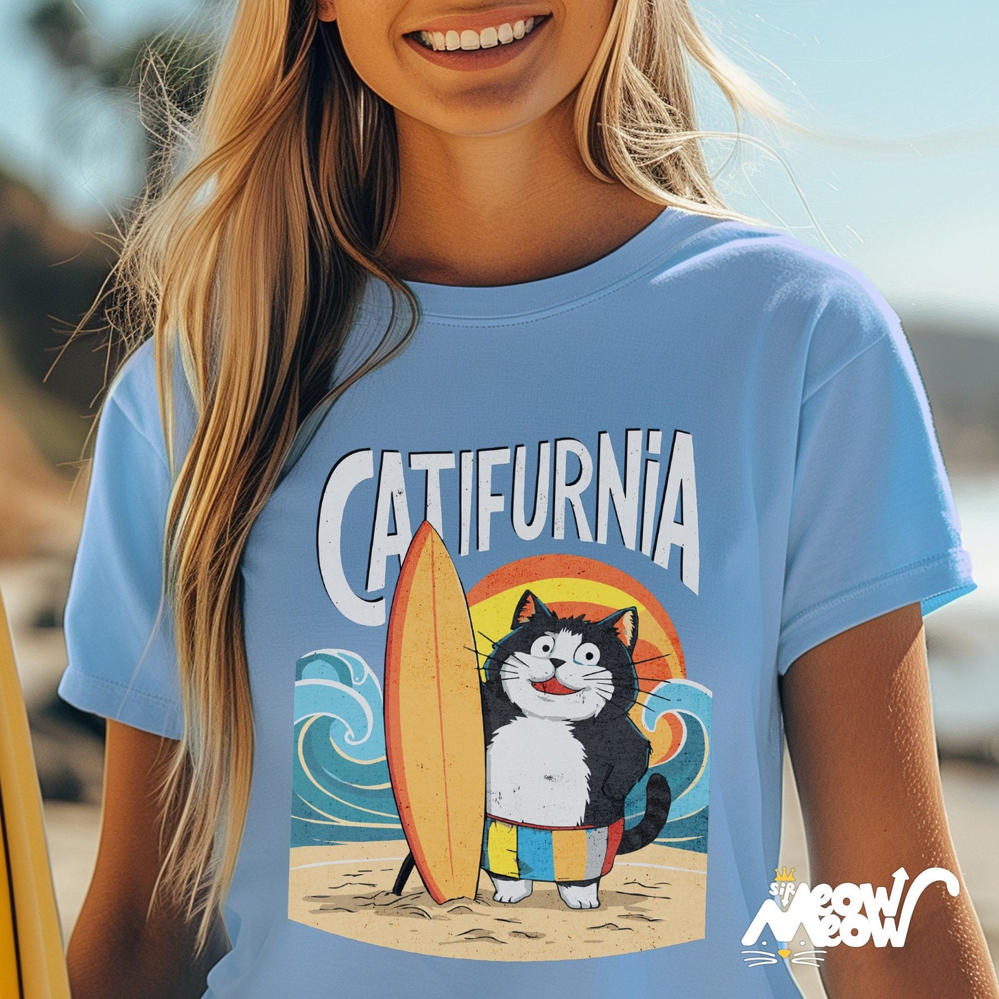 Catifurnia Californian Cat Unisex Shirt Fun Cat Surfing Design Beach Lover Gift Casual Wear for All Ages Graphic Tee – Aesthetic Look · Must-Have Style