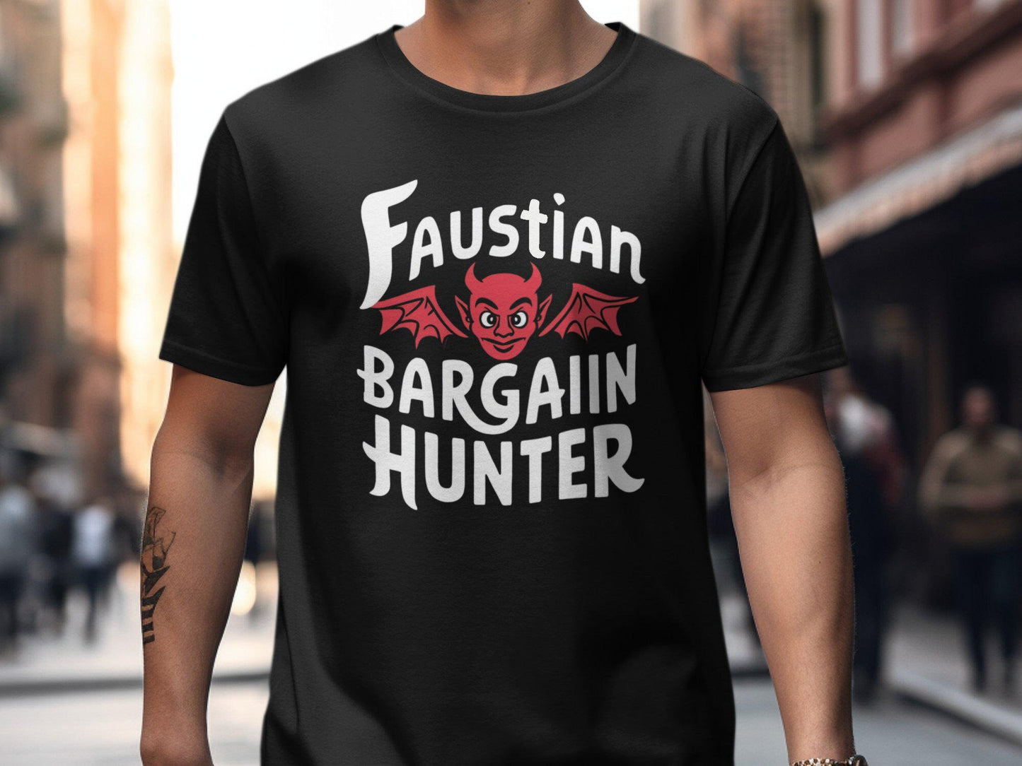Faustian Bargain Hunter T Shirt Funny Deal with the Devil Shirt Whimsical Demon Lover Tee Humorous Shopper Top Graphic Tee – Fan Favorite · Top Pick For Any Outfit