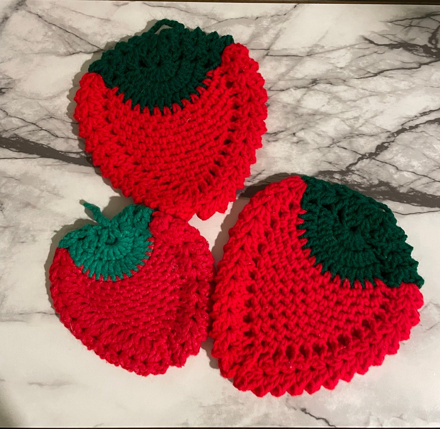 Set of three vintage 80s crochet strawberry shaped trivets pot holders hot pads Graphic Tee – Warm & Stylish · High-Quality Print