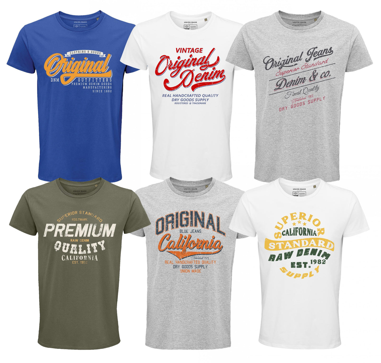 Union Made Raw Denim Vintage Men39s T Shirt 6 Pack sizes S 5XL Graphic Tee – Feel-Good Design · Must-Have Style