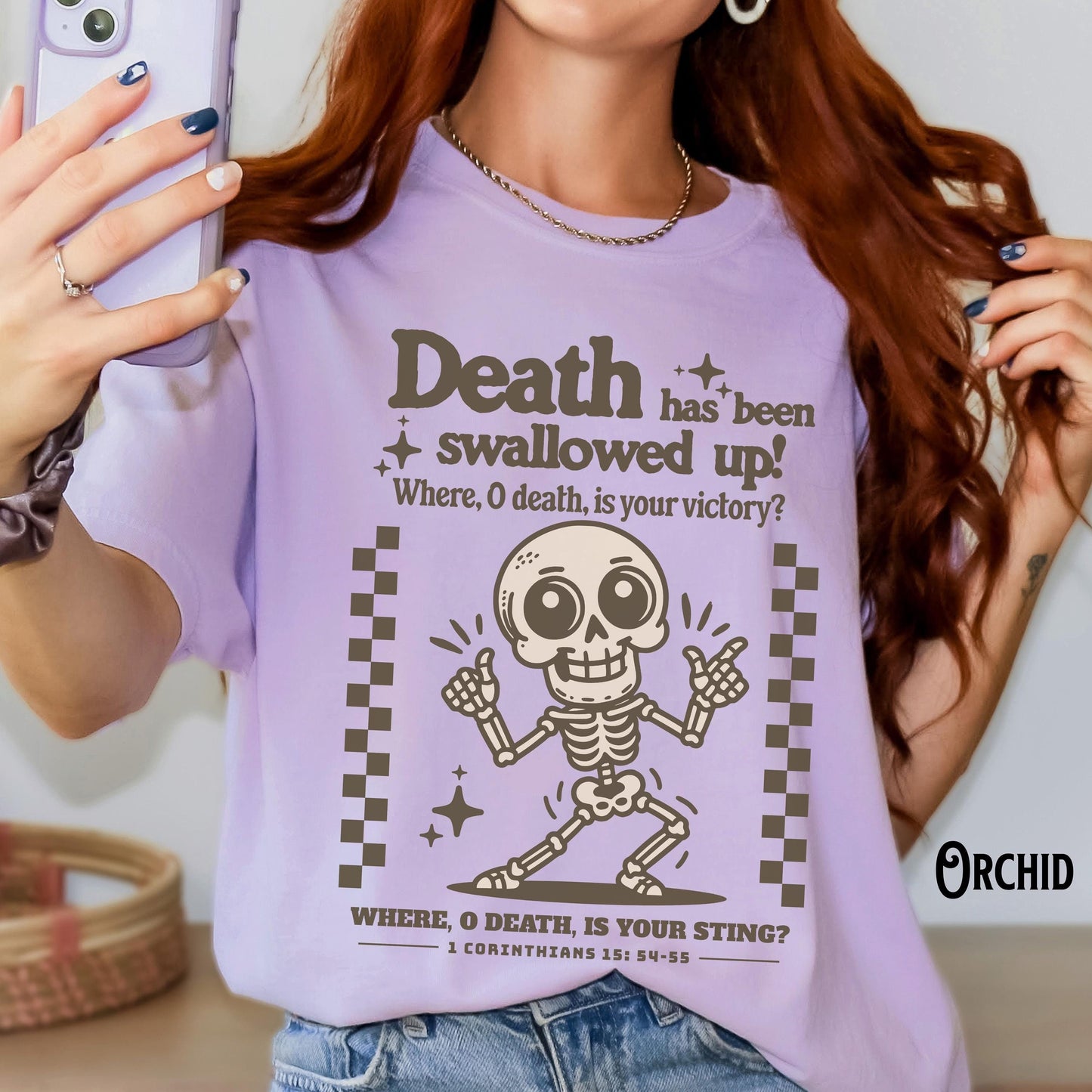 Christian Shirt Skeleton Urban Streetwear Christian Gift Bible Verse No Death Faith Retro Death Where is You Sting Graphic Tee – Aesthetic Look · Trending Graphic Apparel