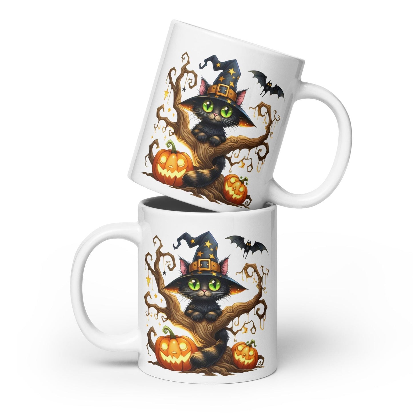 Adorably Spooky Black Kitty Witch Pumpkins Bats Cat Tree White glossy mug Graphic Tee – Easygoing Wear · Trending Graphic Apparel