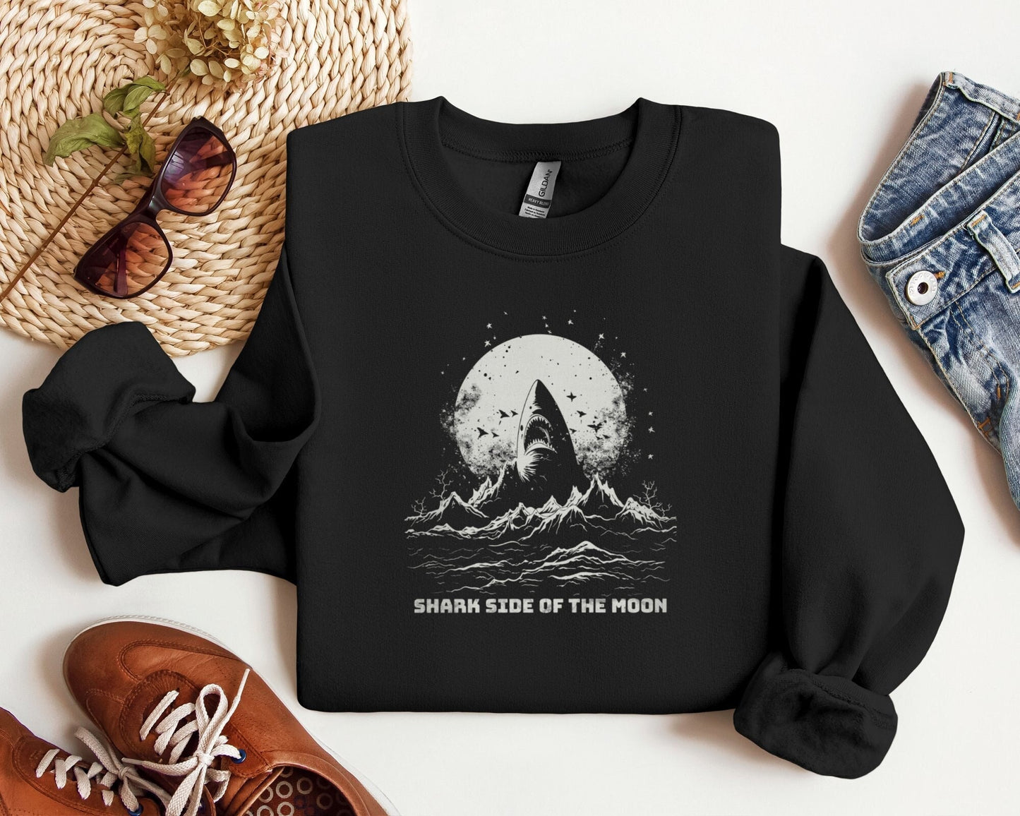 Great White Shark Sweatshirt Gift idea for Sea Animal Lovers Cozy Fall Sweatshirt Gothic Dark Full Moon Shirt Deep Ocean Beach Tee Sweatshirt – Everyday Comfort · Top Pick For Any Outfit