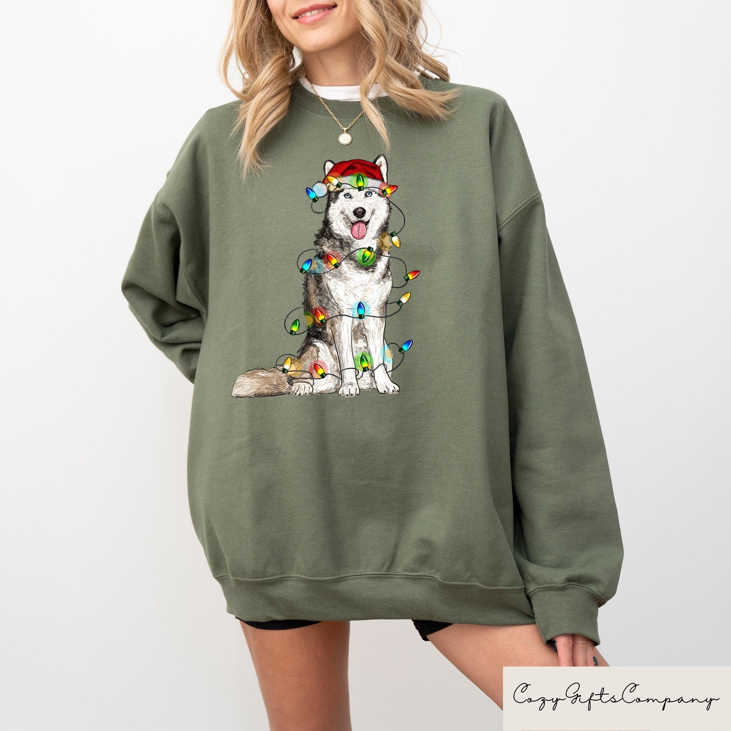 Husky Christmas Sweatshirt Siberian Husky Xmas Sweater Halloween Gifts Christmas Animals Crewneck Christmas Dog Lights Tshirt Sweatshirt – Premium Graphic · Great Gift For Fans