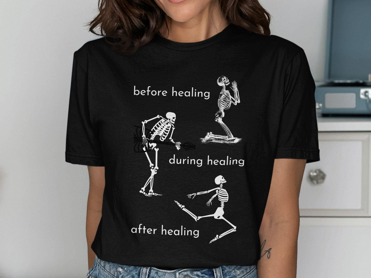 Skeleton Healing Progress Shirt Before During and After Healing Stages Tee Funny Skeleton T Shirts Spiritual Healing Apparel Graphic Tee – Soft Feel · Must-Have Style