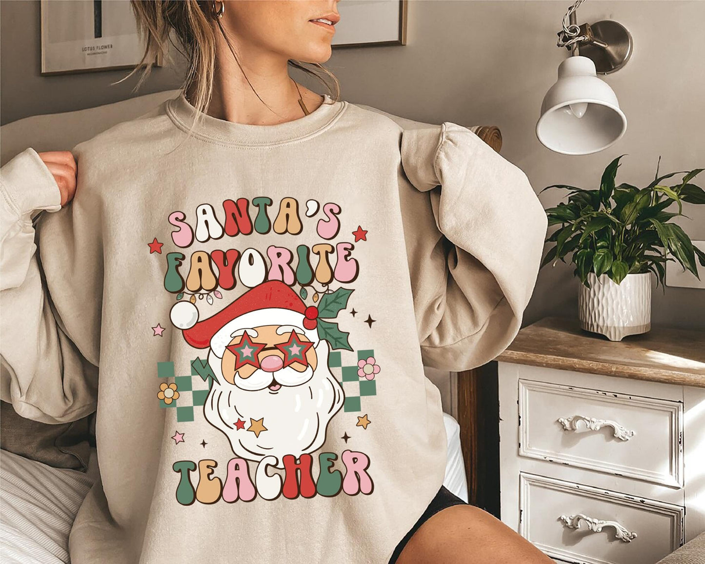 Santa39s Favorite Teacher Sweatshirt Christmas Sweatshirt Cute Holiday Sweaters Retro Xmas Crewneck Pullover Gift For Teacher Christmas Gift Sweatshirt – Cozy Vibes · High-Quality Print