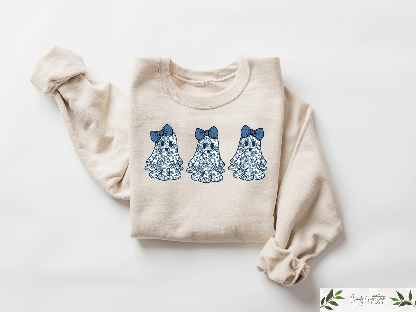 Cute Blue Toile Boujee Ghost Sweatshirt Coquette Blue Floral Halloween Bow Ghost Shirt Halloween Gifts Girly Feminine Halloween Crewneck Sweatshirt – Everyday Comfort · Great Gift For Fans