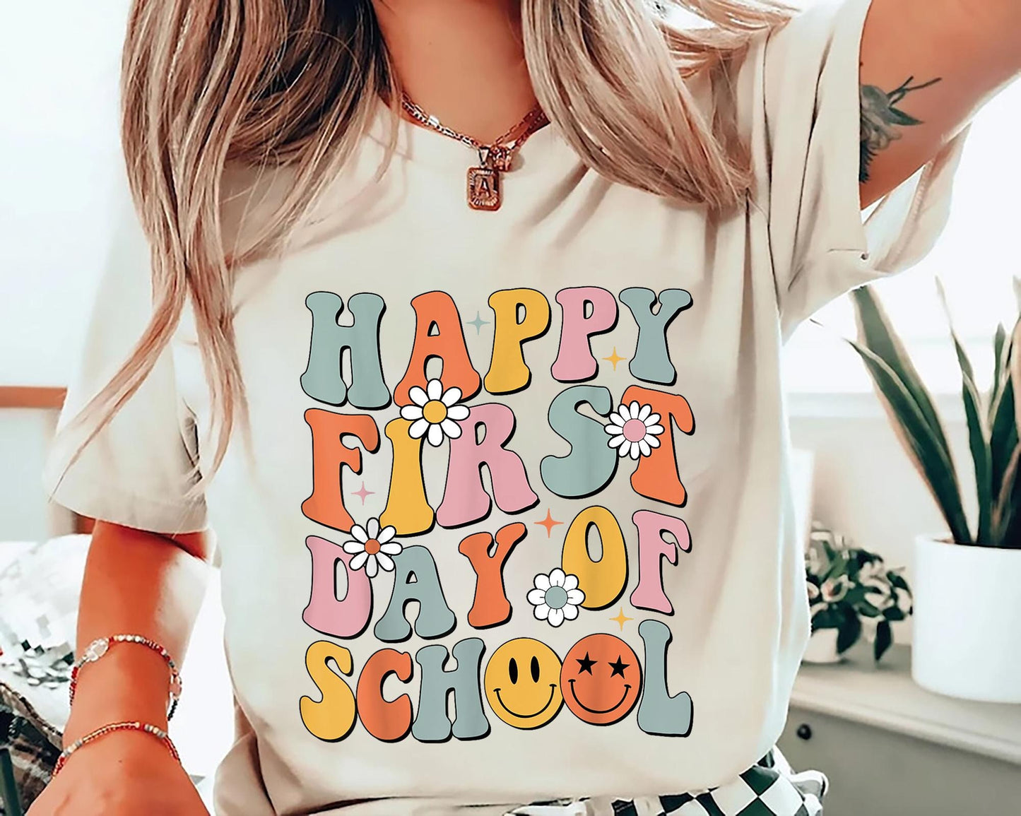 Happy First Day of School Shirt Gift for Teachers Kindergarten Teacher Teacher Appreciation Back to School Shirt Graphic Tee – Warm & Stylish · Great Gift For Fans