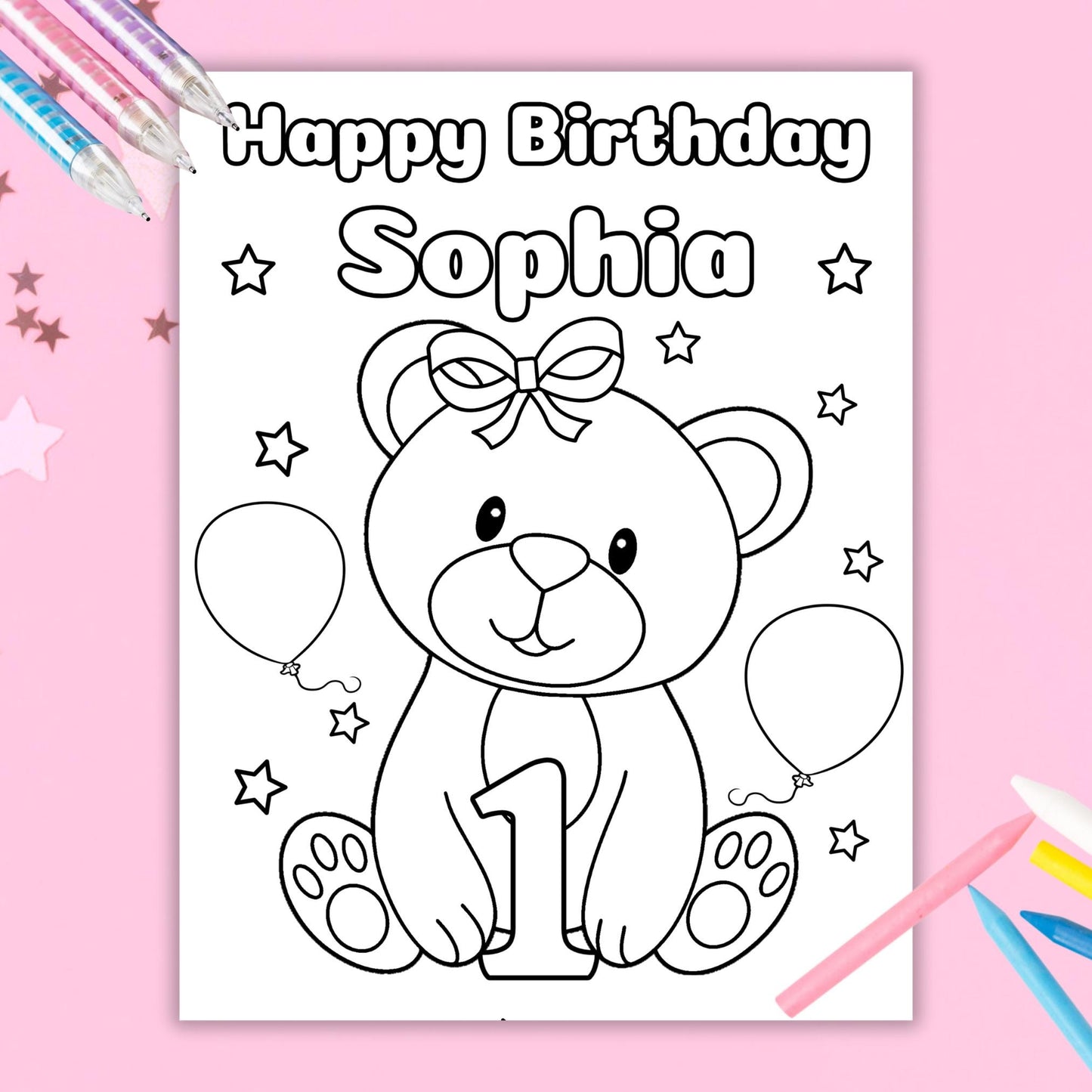 Editable Birthday Coloring Sheet Bear Theme Birthday Activity Sheet Girl 1st Birthday Teddy Bear Coloring Page Girl Birthday Party Favors Graphic Tee – Premium Graphic · Top Pick For Any Outfit