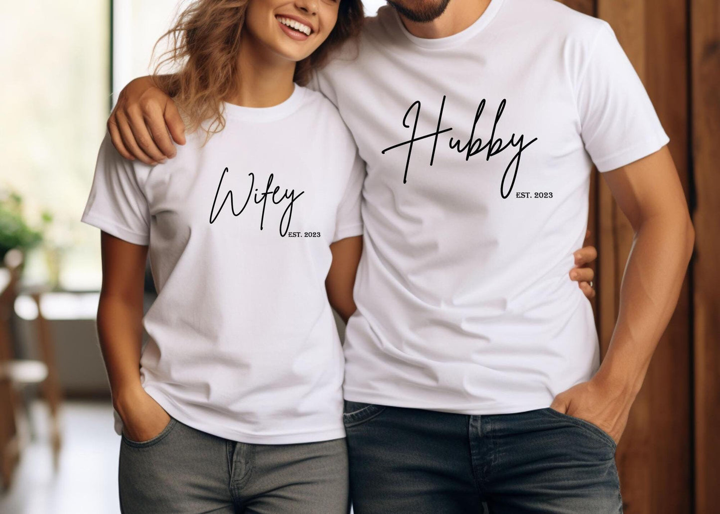 Personalized Hubby Wifey Shirts Custom Honeymoon Just Married Engagement Wedding Gift Matching Husband and Wife Couple Shirts Graphic Tee – Soft Feel · Perfect For Daily Wear
