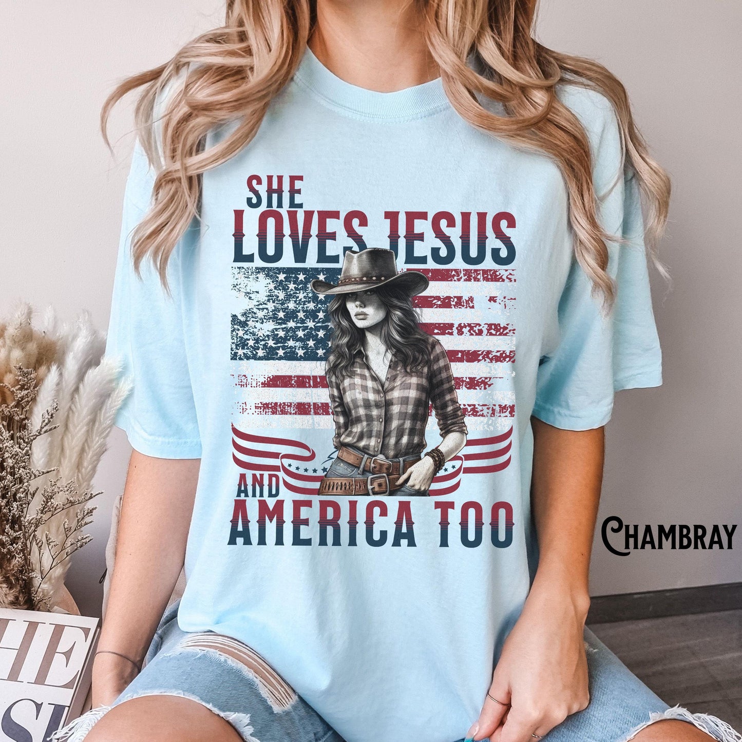 Patriotic Western Shirt 4th of July Rodeo Shirt She Loves Jesus and America Too Patriotic Cowboy Cowgirl USA Flag Graphic Tee – Premium Graphic · Great Gift For Fans