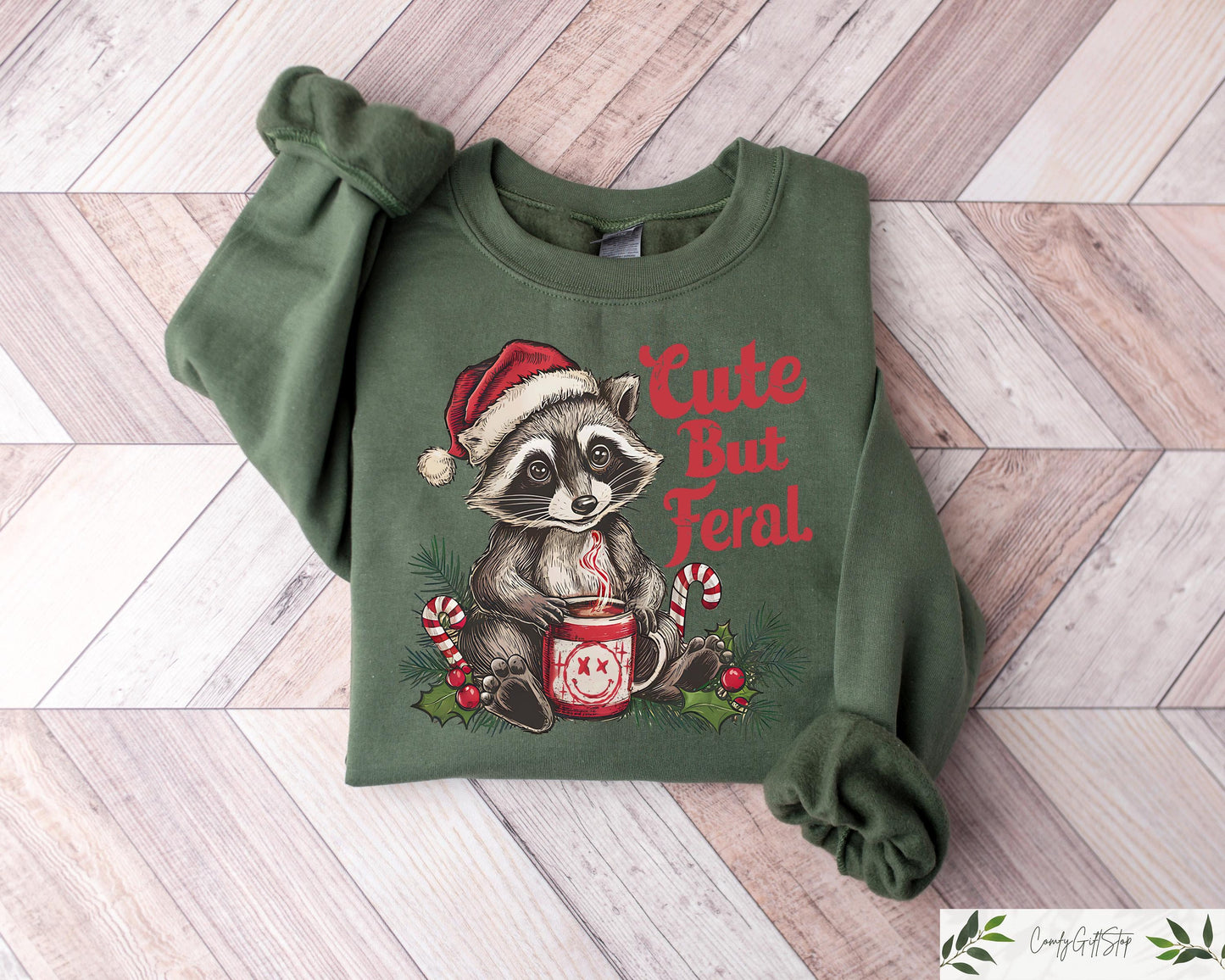 Cute But Feral Sweatshirt Christmas Raccoon Sweater Cozy Christmas T Shirts Funny Animal Shirt Merry Christmas Xmas Holiday Gifts Sweatshirt – Everyday Comfort · High-Quality Print