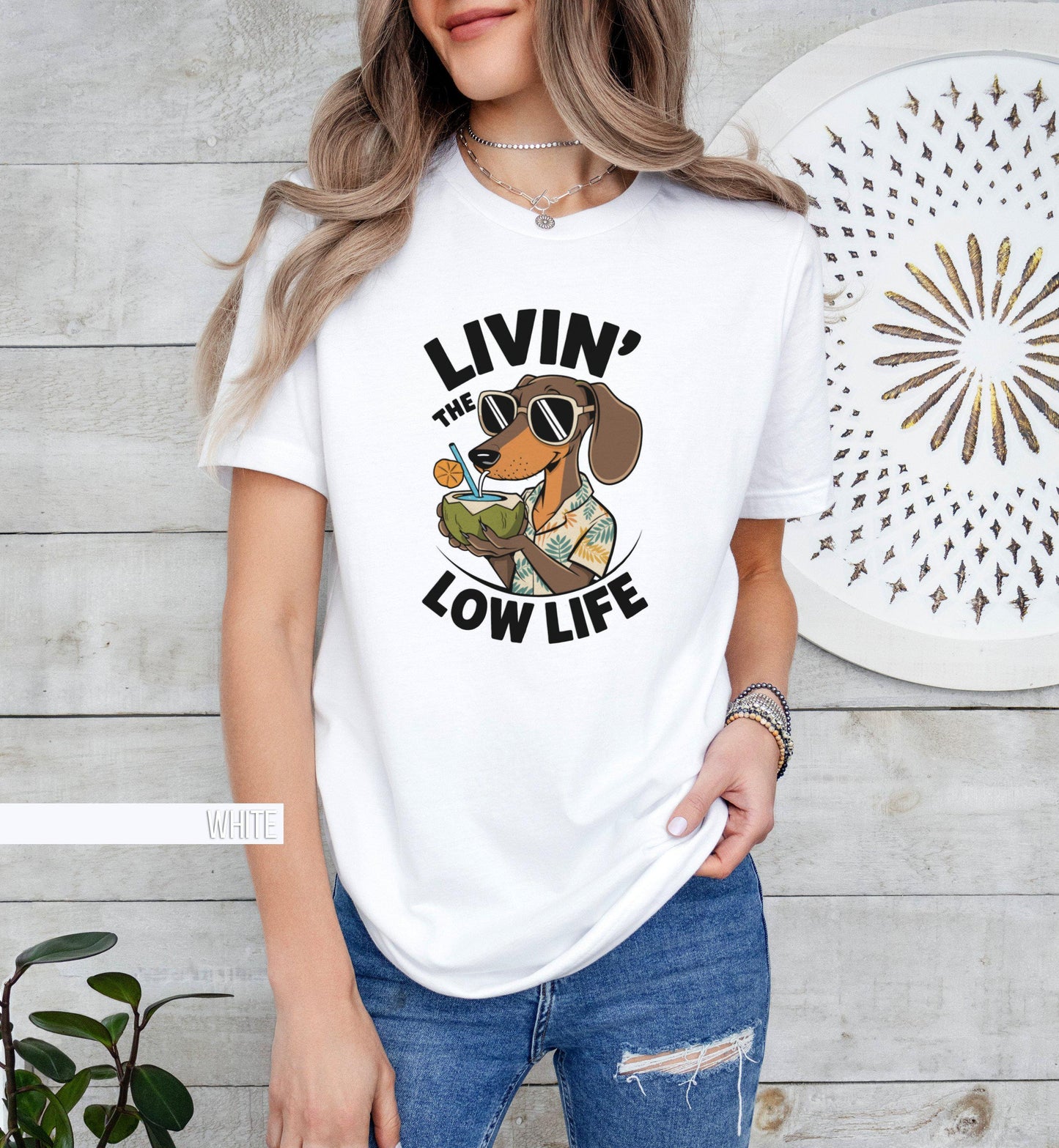 Funny Dachshund T Shirt Dog Lover Gift Summer Vibes Tee Tropical Dog Shirt Casual Graphic Tee Livin The Low Life Graphic Tee – Fan Favorite · Trending Graphic Apparel