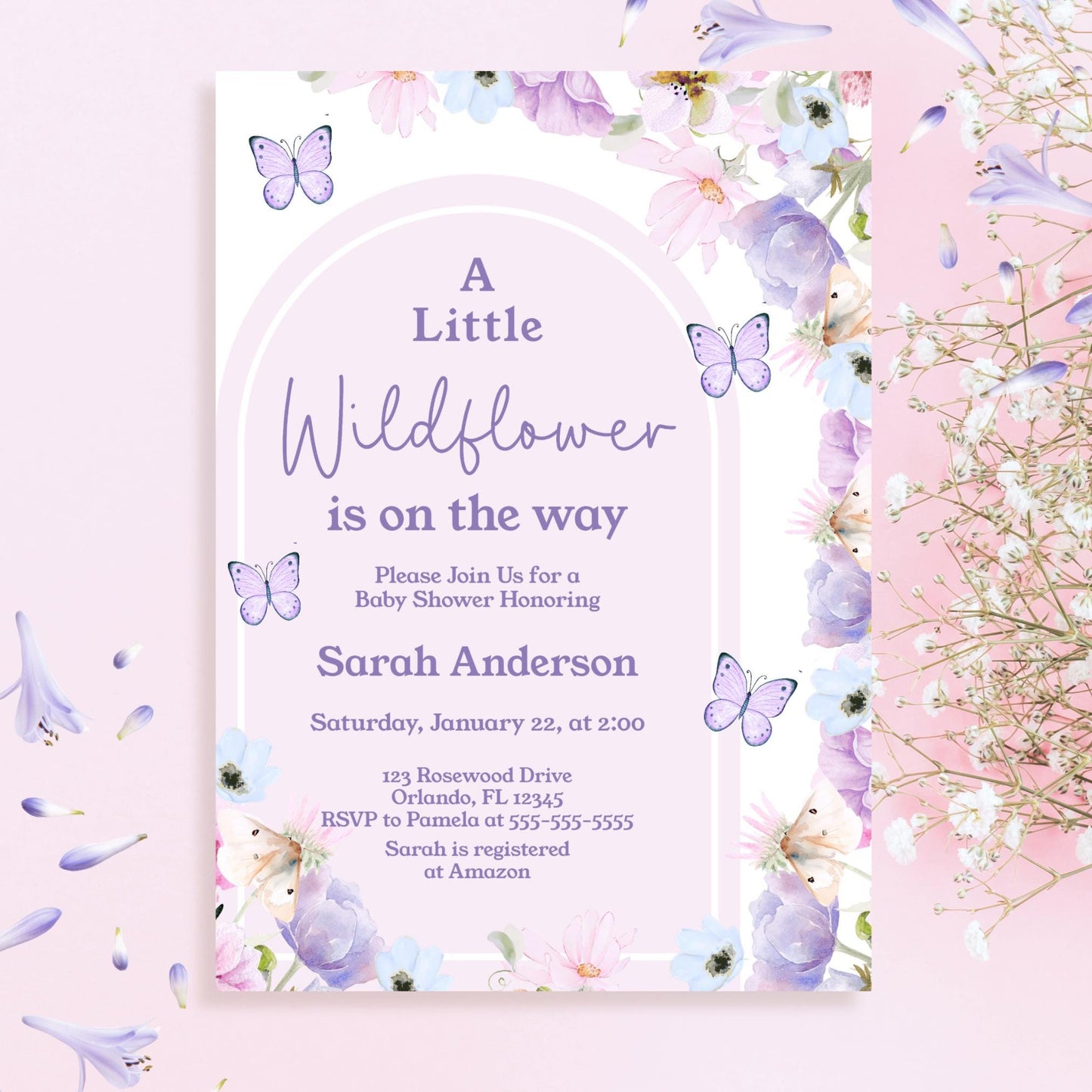 Pink and Purple Flowers and Butterfly Invitation Digital Baby Shower Invite Pastel Pink Lavender Baby Shower Girl A Little Wildflower W14 Graphic Tee – Easygoing Wear · Great Gift For Fans