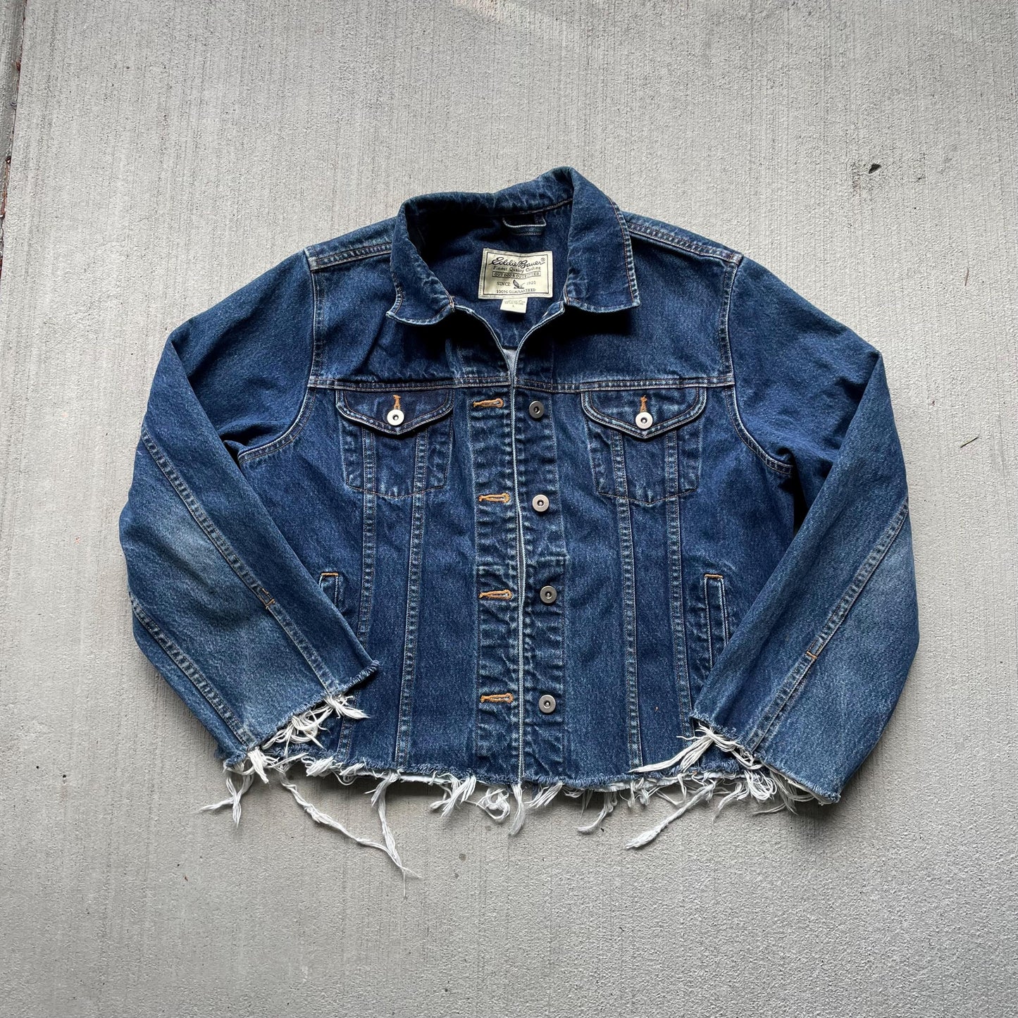 distressed dark wash eddie bauer denim jacket size large Graphic Tee – Soft Feel · High-Quality Print