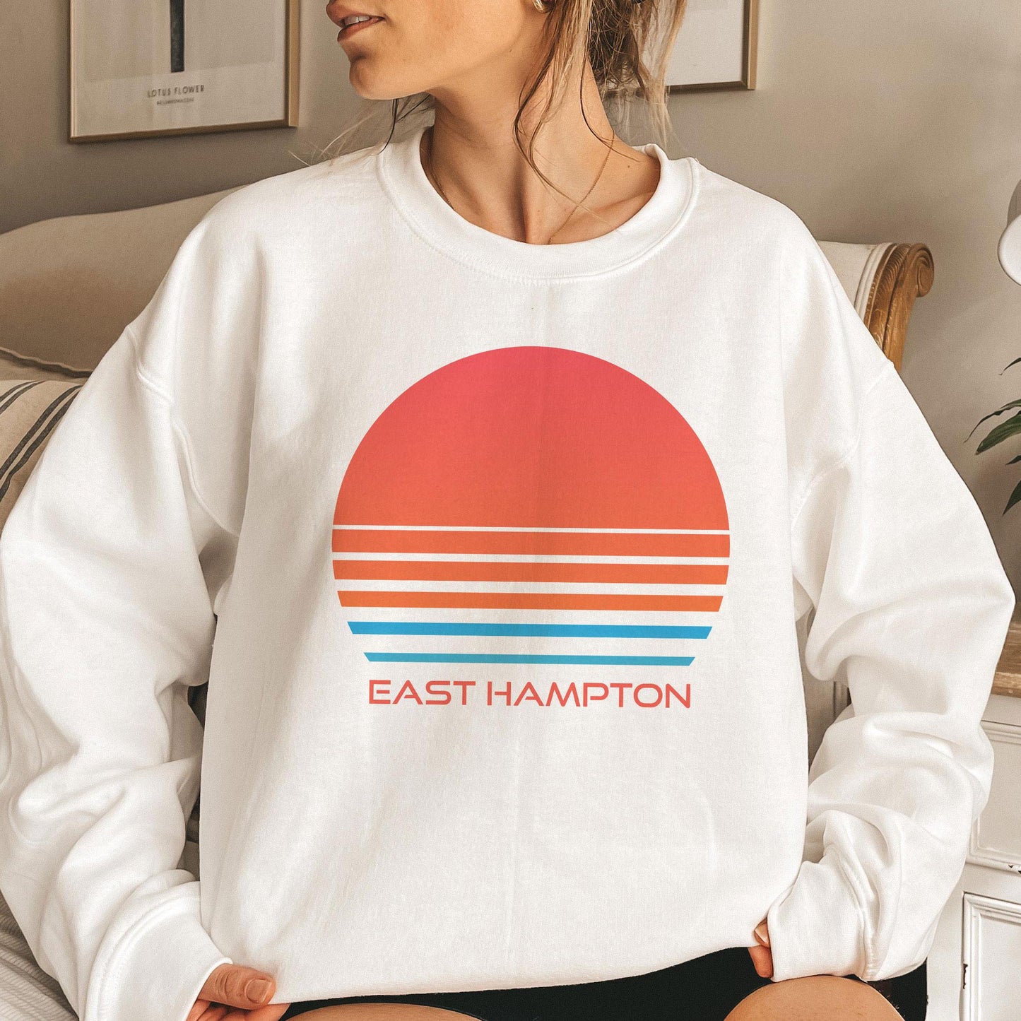 East Hampton New York Sweatshirt Unisex Retro 80s Sun Crewneck East Hampton Sweatshirt Personalization Available Sweatshirt – Premium Graphic · Perfect For Daily Wear