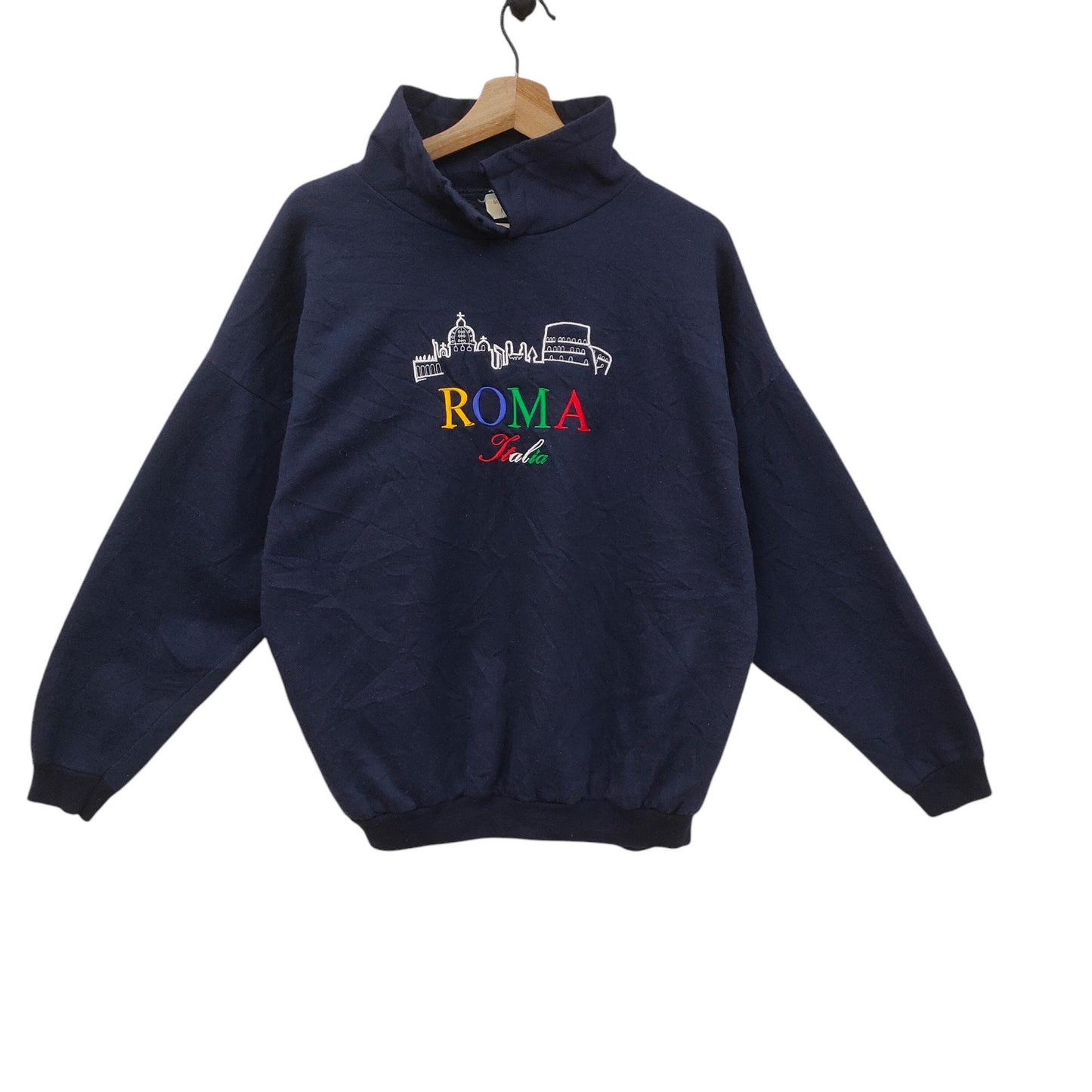 90s Roma Italia Sweatshirt Largearge Vintage Embroidery Souvenir Italy Sweater Jumper Pullover Crewneck Navy Blue Men39s Large Sweatshirt – Aesthetic Look · Must-Have Style