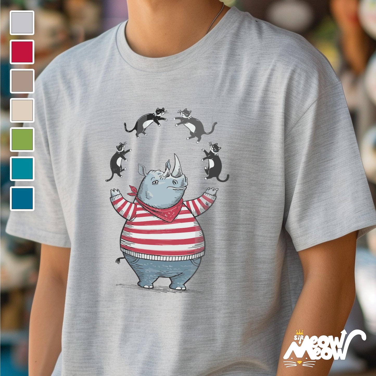Juggling Cats Rhino T Shirt Funny Animal Graphic Tee Quirky Gift for Cat Rhino Fans Cute Illustrated Shirt Graphic Tee – Soft Feel · Trending Graphic Apparel