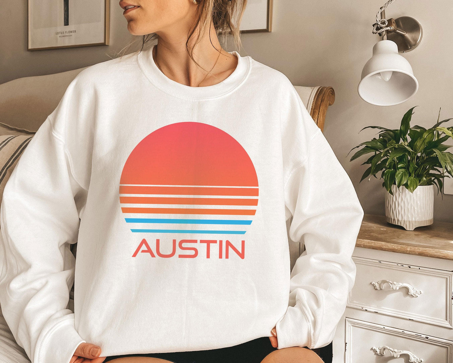 Austin Texas Sweatshirt Unisex Retro 80s Sun Crewneck Austin Sweatshirt Personalization Available Sweatshirt – Aesthetic Look · High-Quality Print