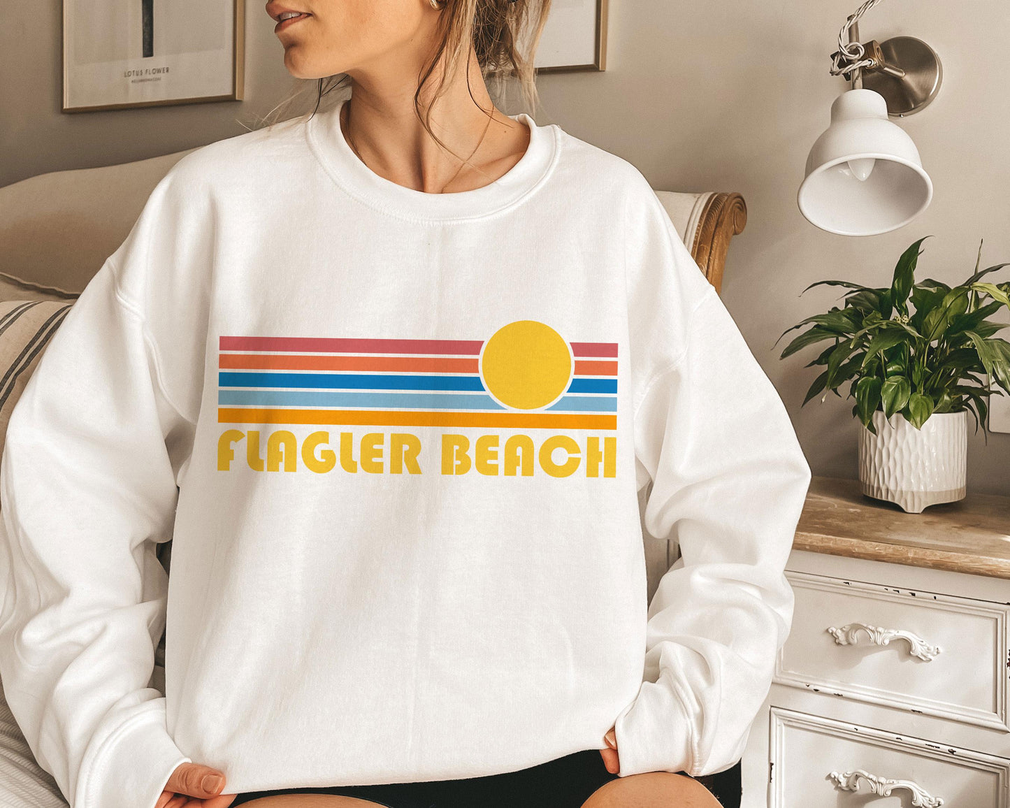 Flagler Beach Florida Sweatshirt Crewneck Retro Sunrise Unisex Flagler Beach Sweatshirt Personalization Available Sweatshirt – Feel-Good Design · Trending Graphic Apparel