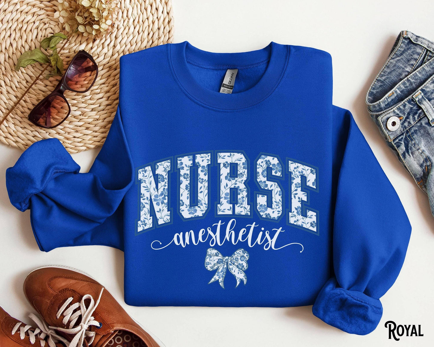 Nurse Anesthetist Sweatshirt CRNA Varsity Sweater Anesthesiology RN Anesthesia Crewneck ICU Bow Chinoiserie Blue Floral Nursing Gift Sweatshirt – Feel-Good Design · Great Gift For Fans