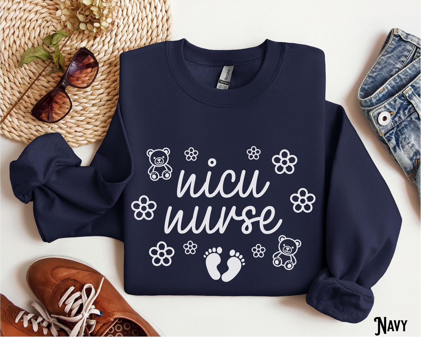 NICU Nurse Crewneck Sweatshirt Neonatal Intensive Care Unit Crew Nurse Life Bear Flower Graduation Appreciation Nurse Gift Sweatshirt – Fan Favorite · Must-Have Style