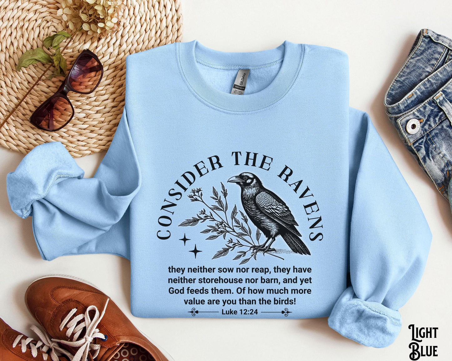 Christian Sweatshirt Consider the Ravens Gift Boho Vintage Baptism Bible Verse Faith Based Apparel Religious Encouragement Sweatshirt – Soft Feel · Perfect For Daily Wear