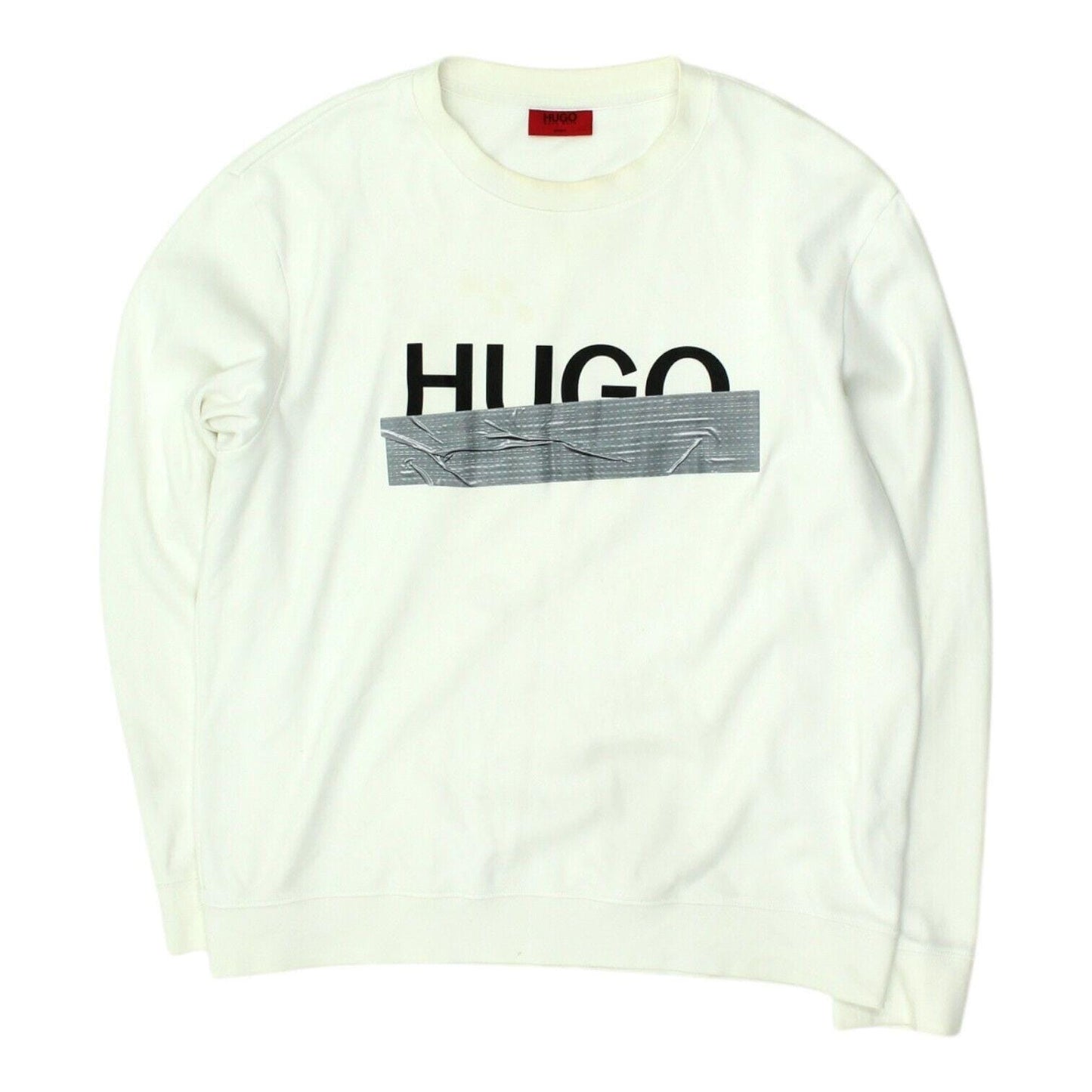 Hugo Mens White Sweatshirt Pullover Casual Designer Tape Logo Crew Neck Jumper Sweatshirt – Bold Style · Trending Graphic Apparel