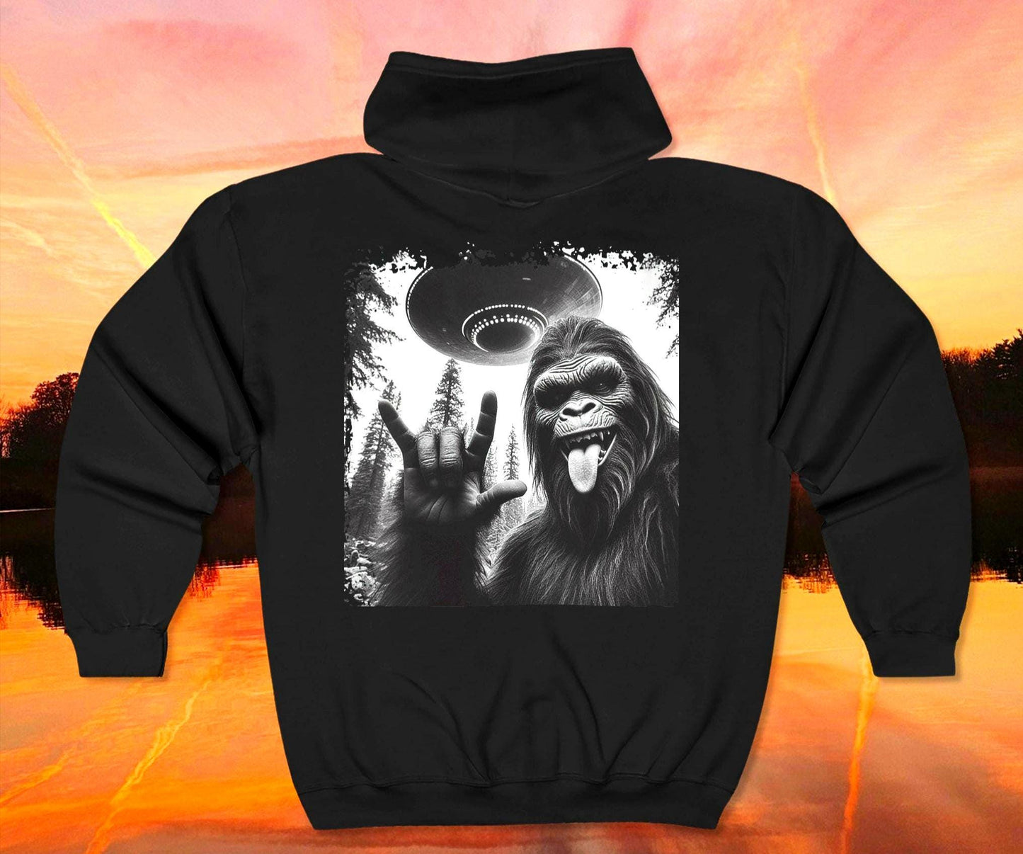 Bigfoot UFO Hoodie Sasquatch Unisex Heavy Blend Zip Sweatshirt Cool Graphic Zip Up Outdoor Adventurewear Unique Gift for UFO Lovers Hoodie – Fan Favorite · Great Gift For Fans