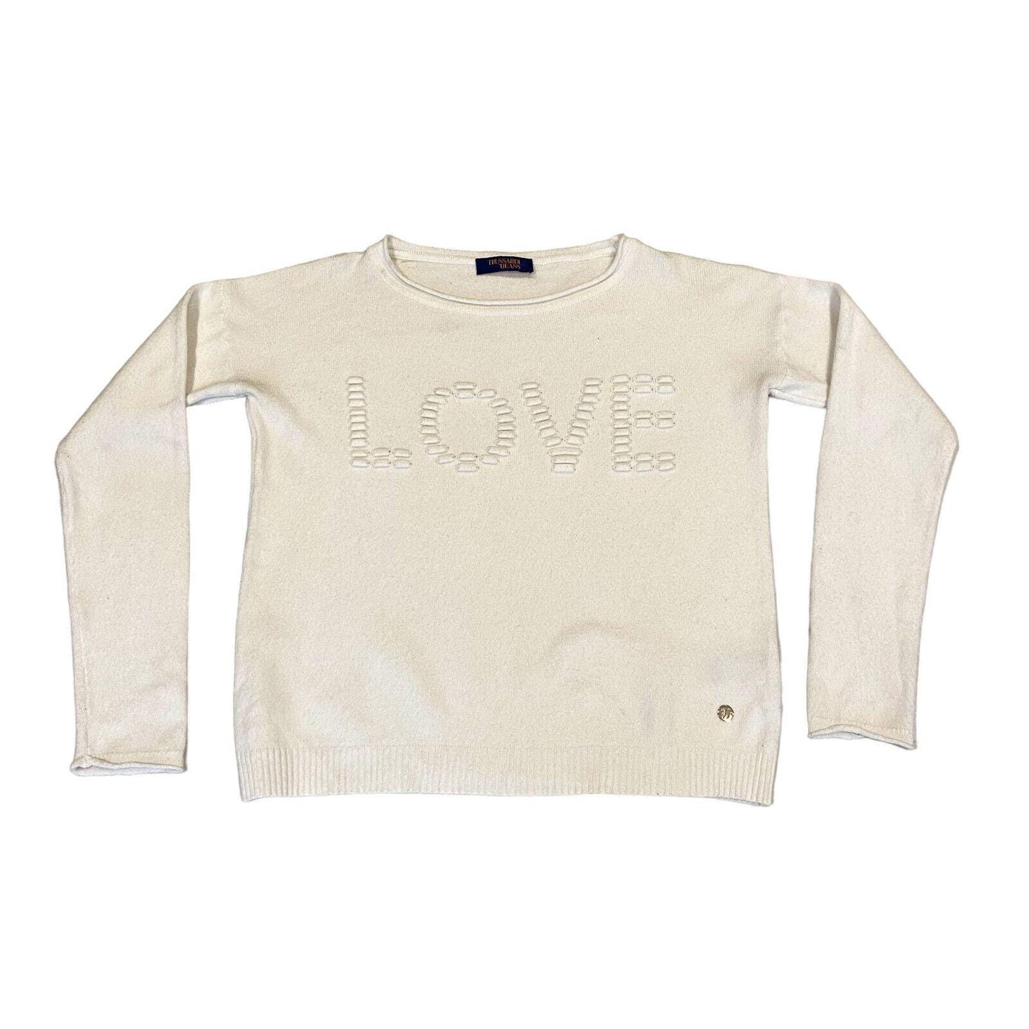 Trussardi Jeans Love Jumper Vintage Womens Designer White Knit Sweater Graphic Tee – Soft Feel · Trending Graphic Apparel