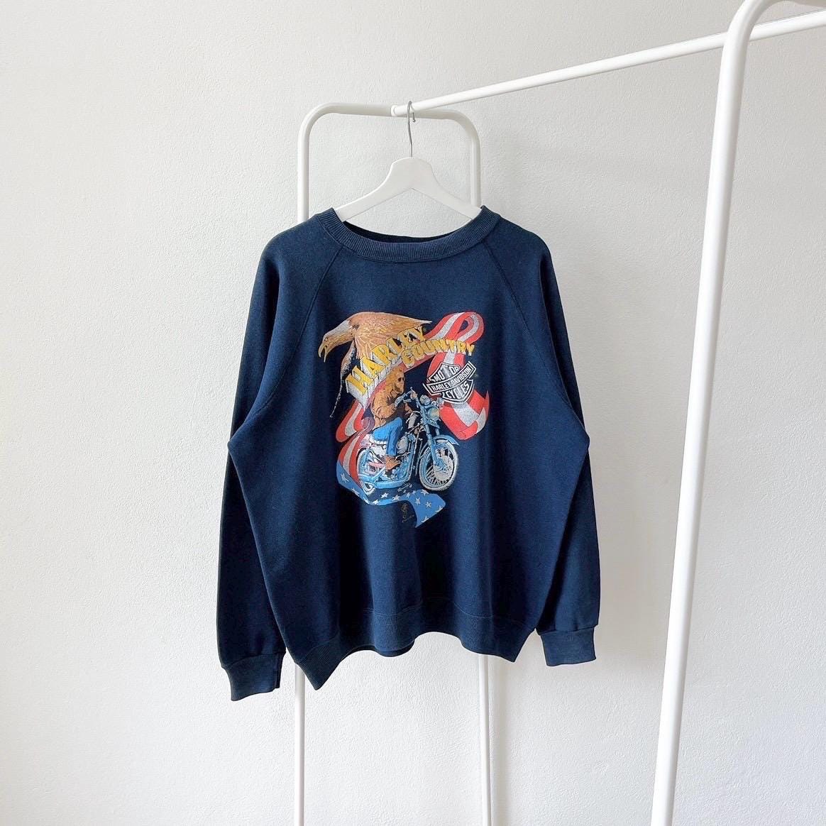 Vintage 80s Harley Davison motorcycle 1987 Harley Davison Burlington vintage BW blue sweatshirt XL Sweatshirt – Soft Feel · Trending Graphic Apparel