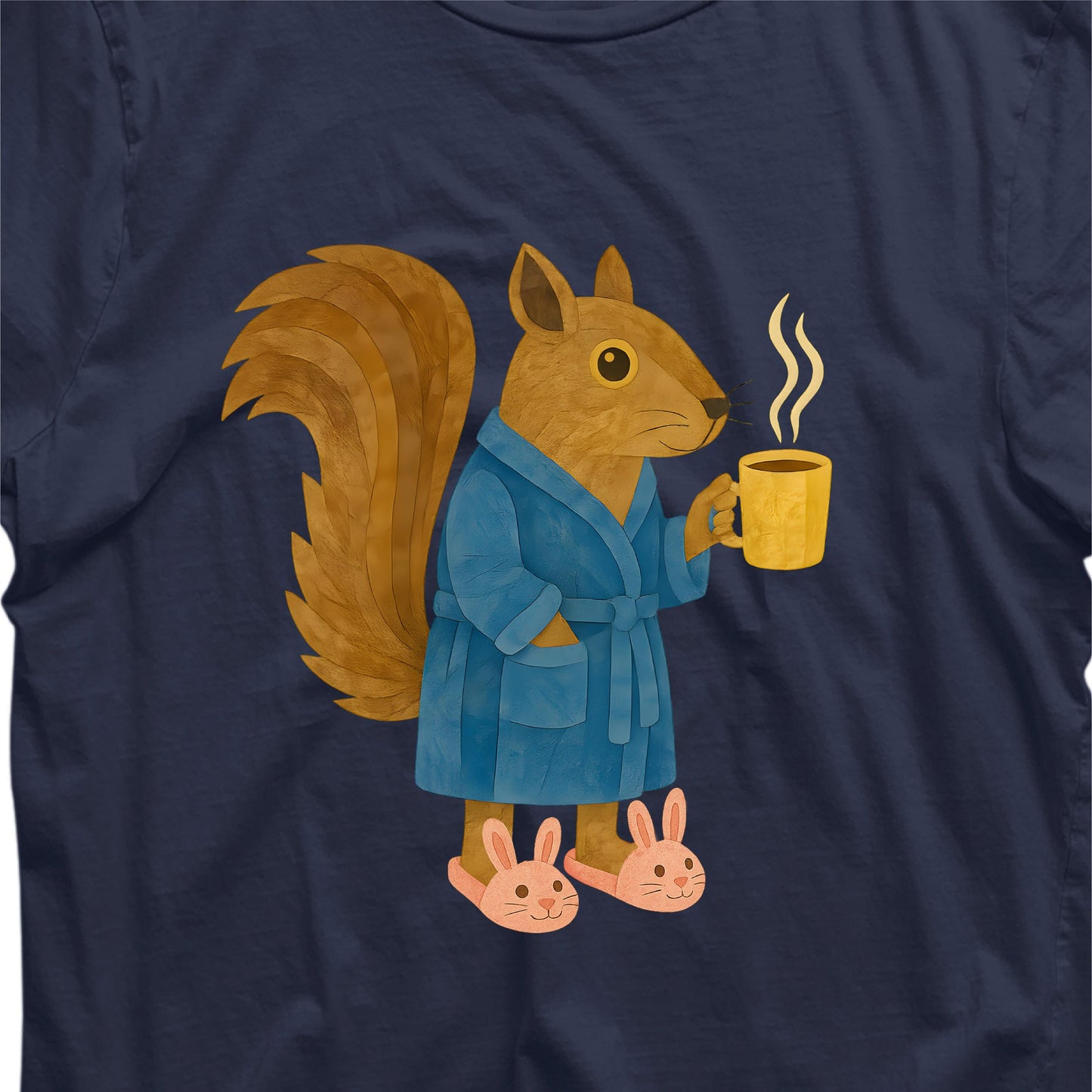 Squirrel Drinking Coffee in Bathrobe Bunny Slippers Shirt Funny Coffee Lover Gift for Any Occasion Morning Person Graphic Tee – Soft Feel · High-Quality Print